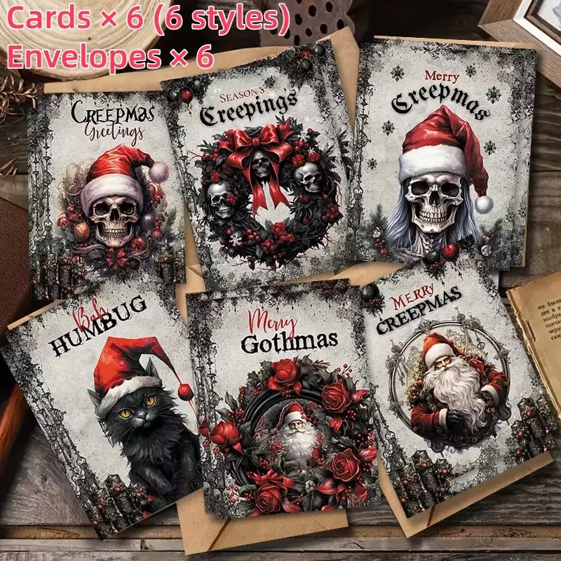 12 Gothic Santa Christmas Cards with Envelopes, Dark Holiday Design, Perfect for Seasonal Greetings and Thank You Notes, Halloween and Christmas Gifts