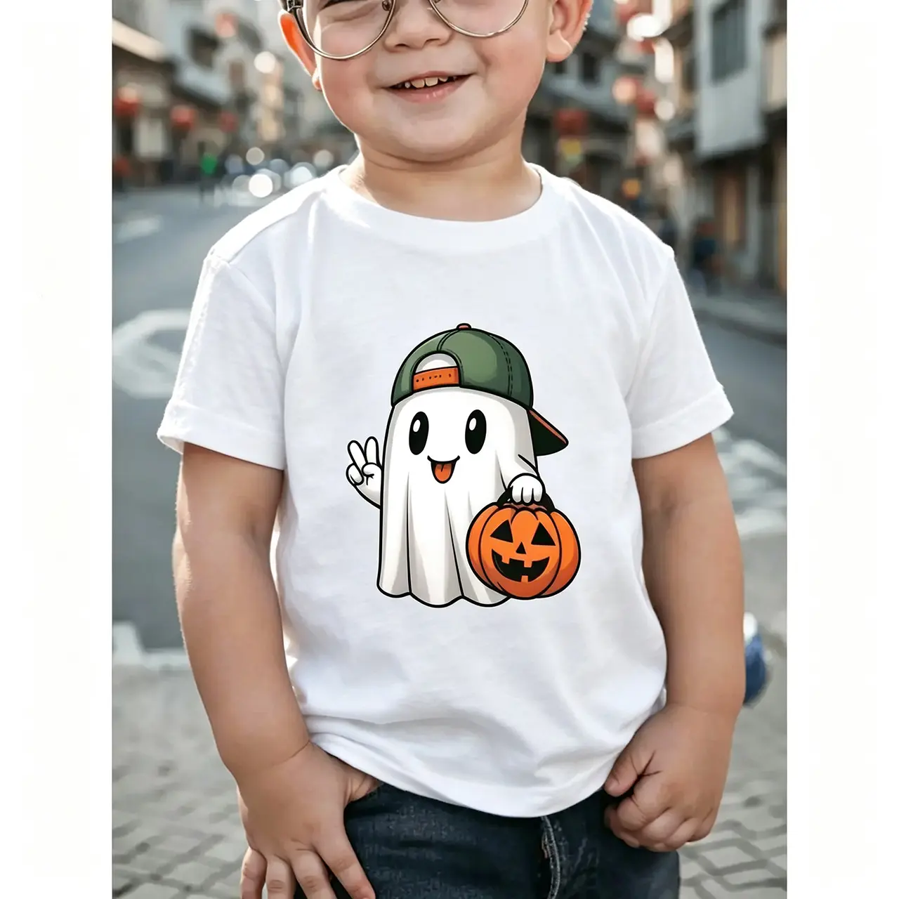 KidCotton Store USA-Made Youth Boys' Short-Sleeve Cotton Sports T-Shirt, Pumpkin Jack O' Lantern Graphic with Green Hat Smiling Face, Halloween Gift Apparel
