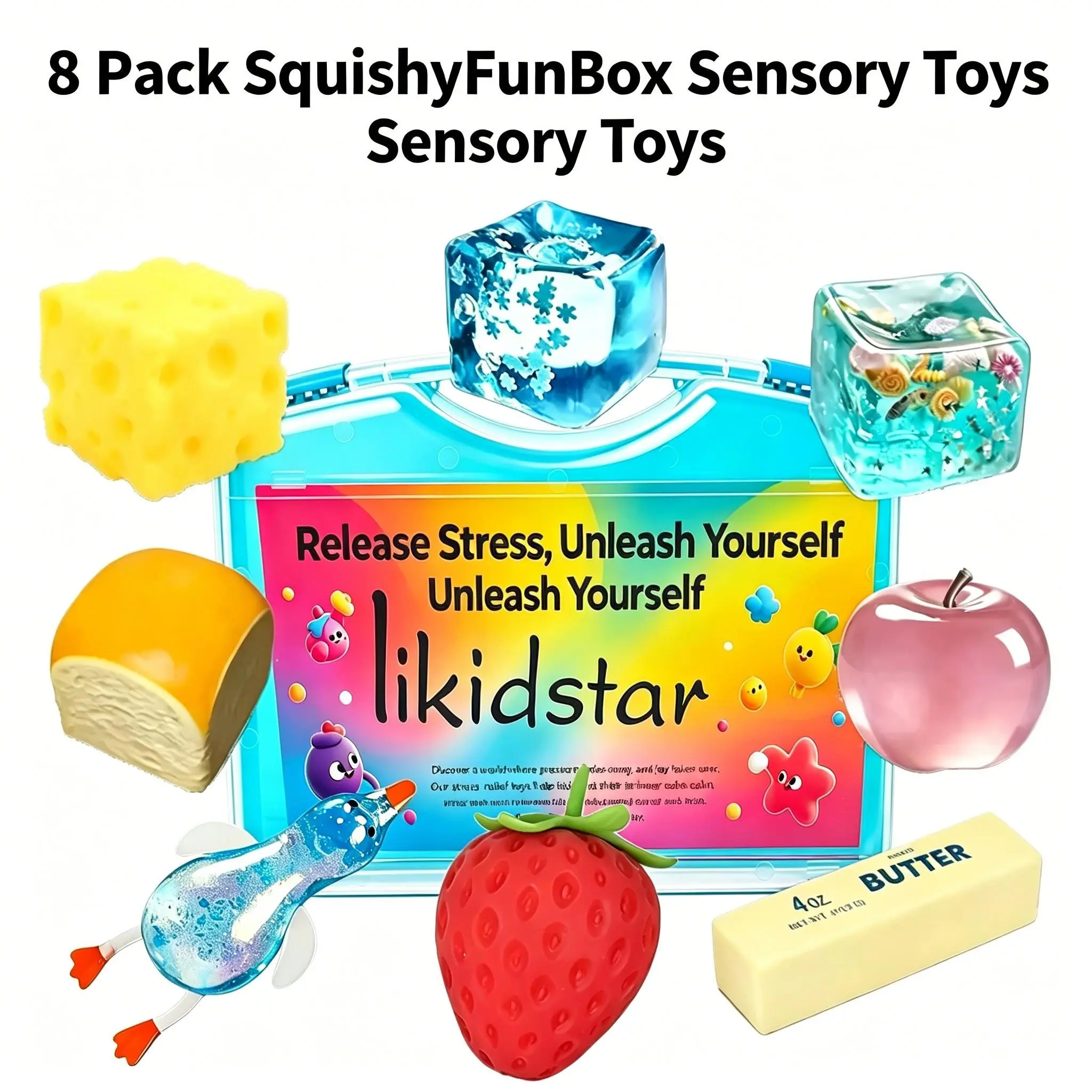 8 Piece Set Soft Plush Toys, Cute Stuffies Collectible, Cheese Butter Duck Fruit Ocean Cube, Portable Box, Office Classroom Party Gifts, 8 Different Styles