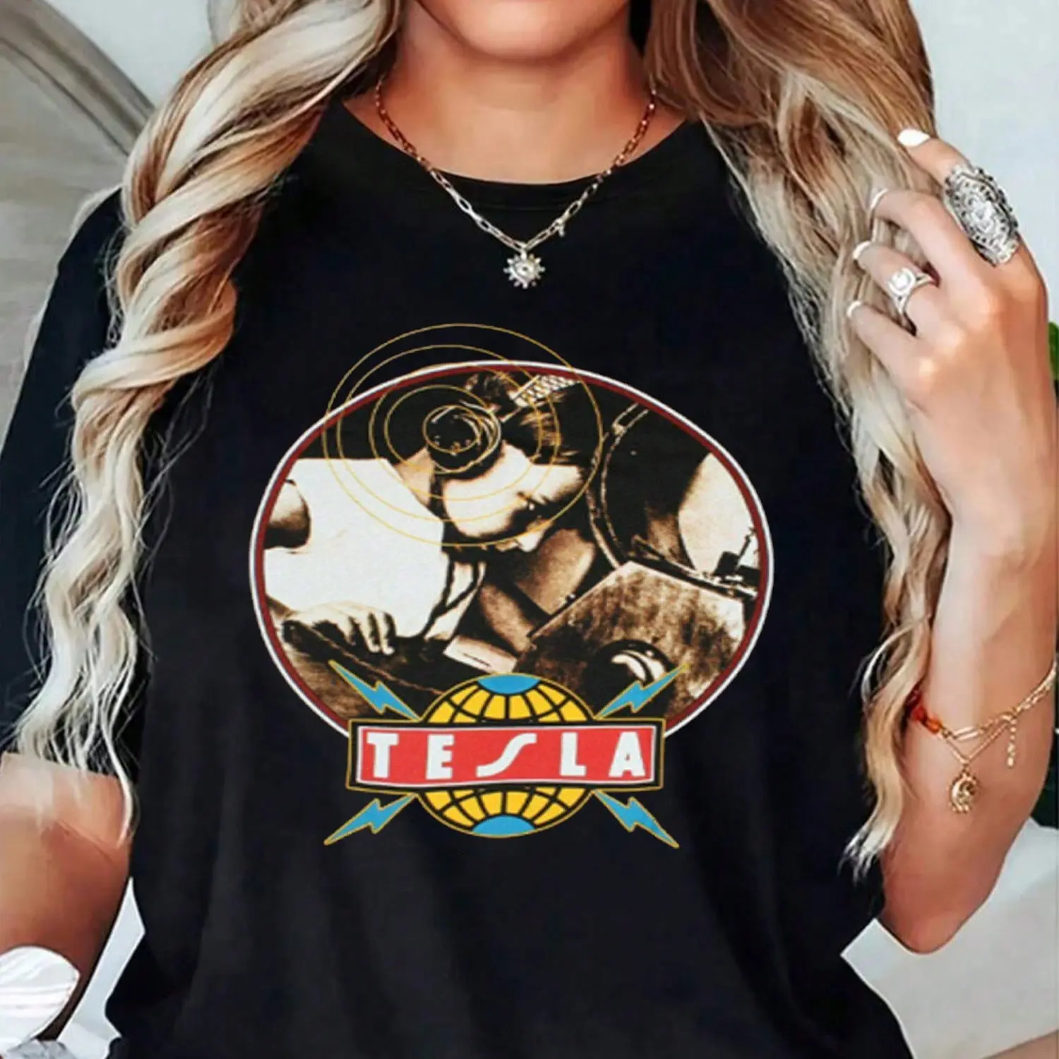 Women's Vintage Retro Graphic Print Cotton Short-Sleeve Sports Top, 1-Piece Casual Black Tesla Band Tee, Summer Gift For Her, Shortsleeve, One Piece