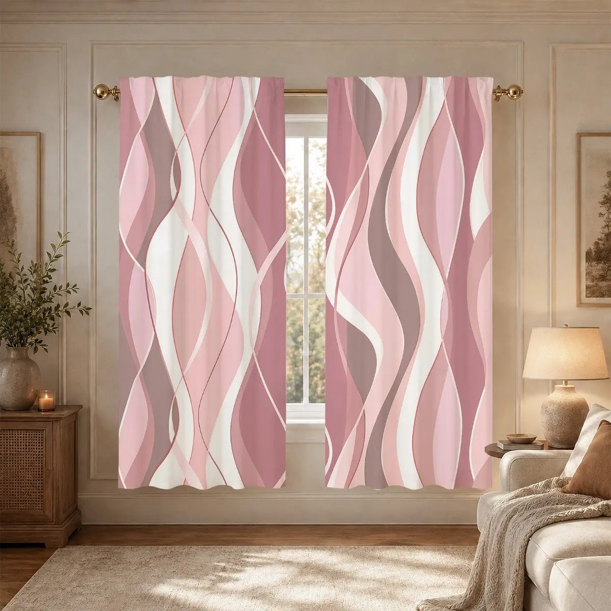 2pcs Soft pink and brown streamlined wave semi-blackout curtains, modern light luxury living room and bedroom fabric curtains, made of polyester, suitable for bedrooms, kitchens, studies, cafes, etc., Window Curtains