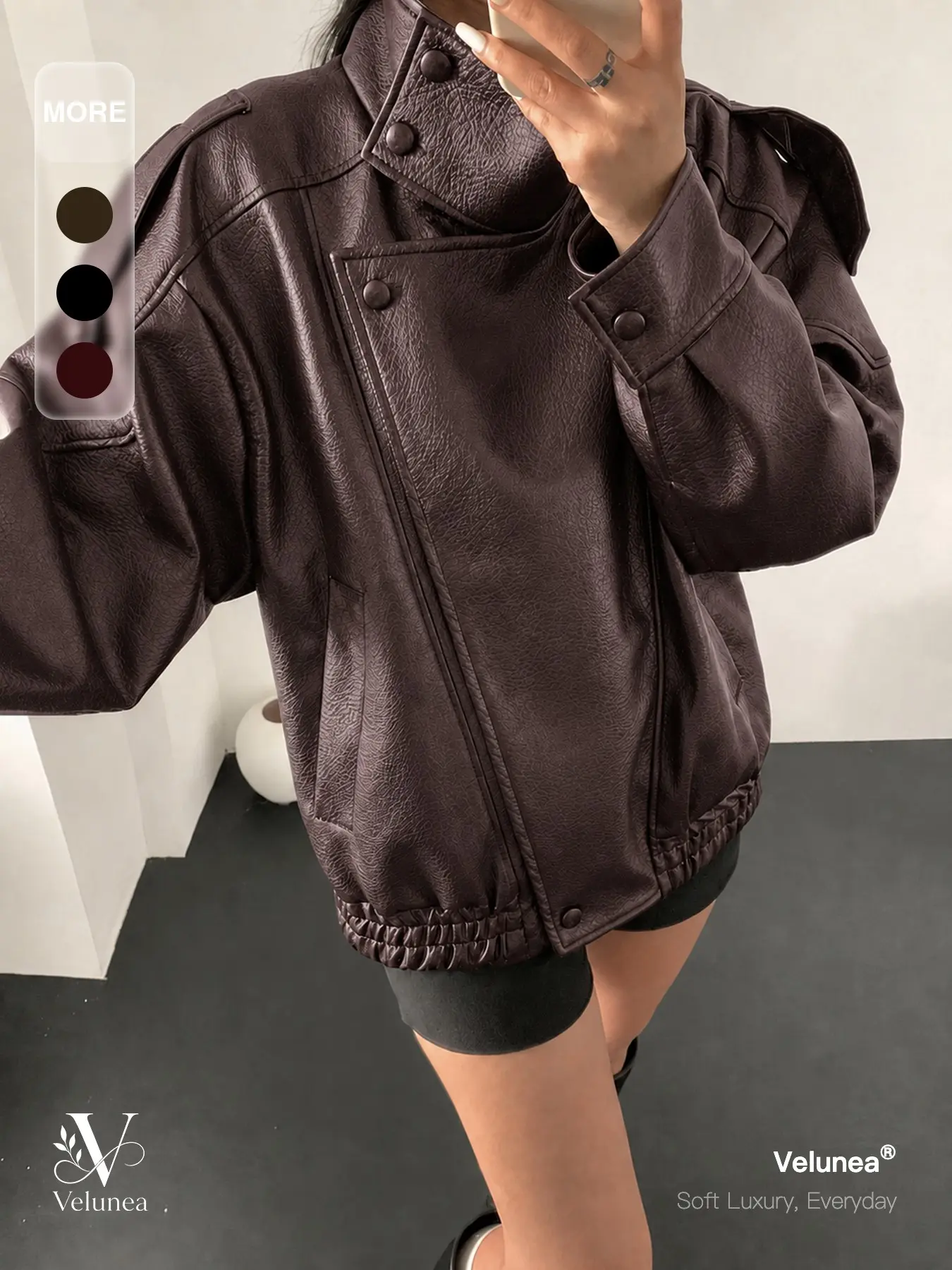 Velunea Women’s Faux Leather Jacket, Oversized Zip Up Moto Jacket with Textured Finish and Relaxed Fit, Minimal Streetwear Outerwear for Fall Winter Fashion
