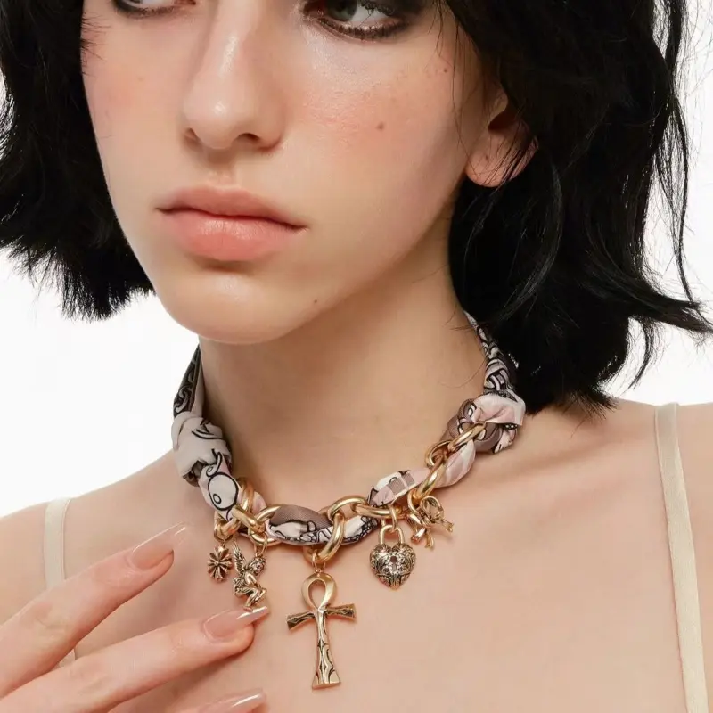 Vintage Cross Scarf Necklace for Women, Dainty Silk Scarf with Antique Distressed Religious Pendant for Casual Daily Beach Wear, Female, Retro, Scarf-Inspired