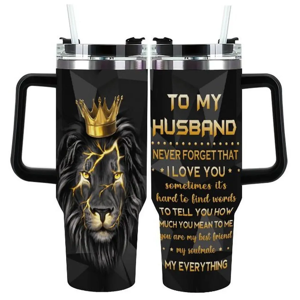 To My Husband 40oz Tumbler, Gold Crown Lion King Insulated Cup, Romantic Soulmate Gift for Birthday & Anniversary