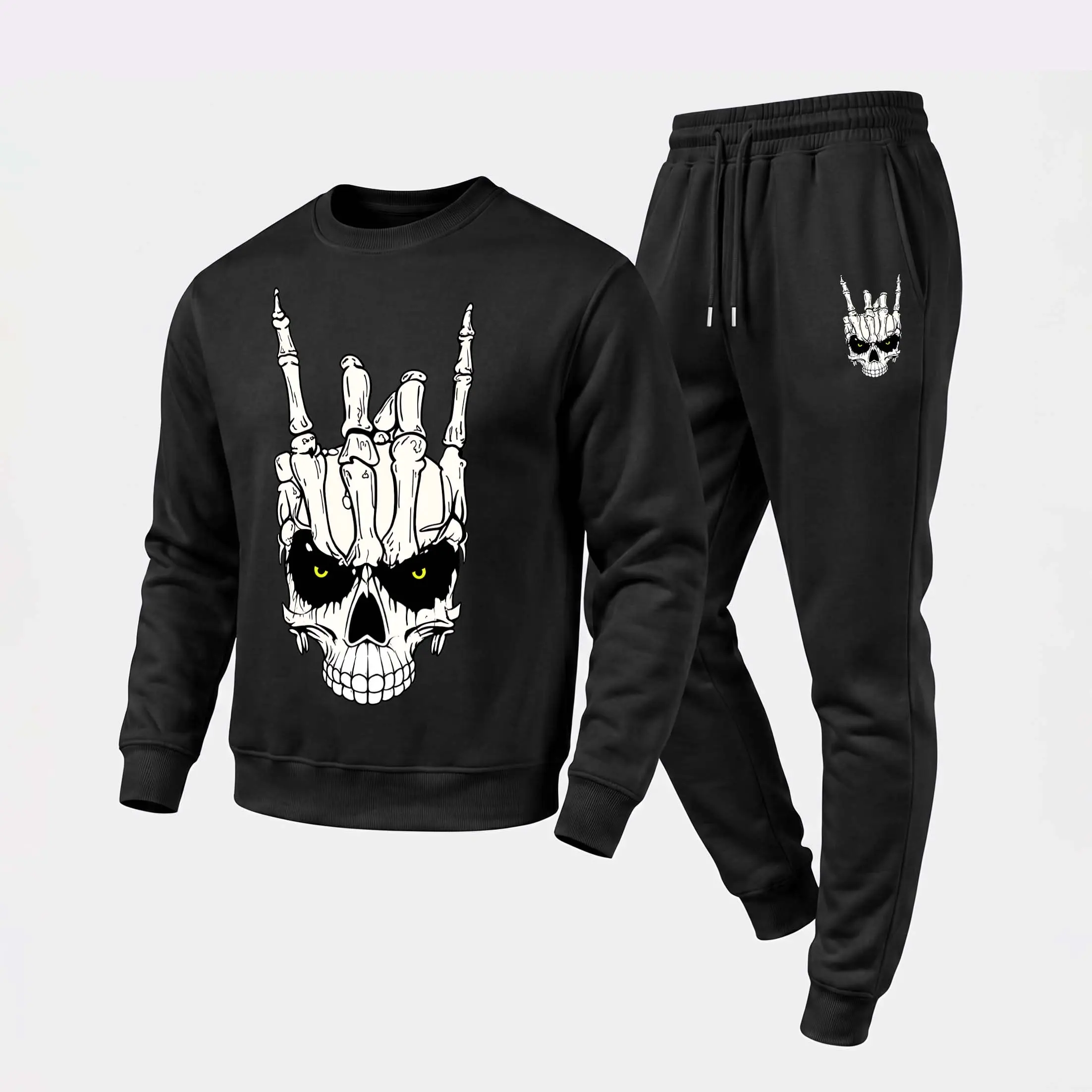 Men's White Skull And Skeletal Hand Gesture Graphic Crewneck Sweatshirt and Jogger Pants Set, Casual Long Sleeve Pullover with Drawstring Sweatpants, Fall Winter Tracksuit for Daily Wear, Travel, Lounge, Workout and Indoor Outdoor Activities