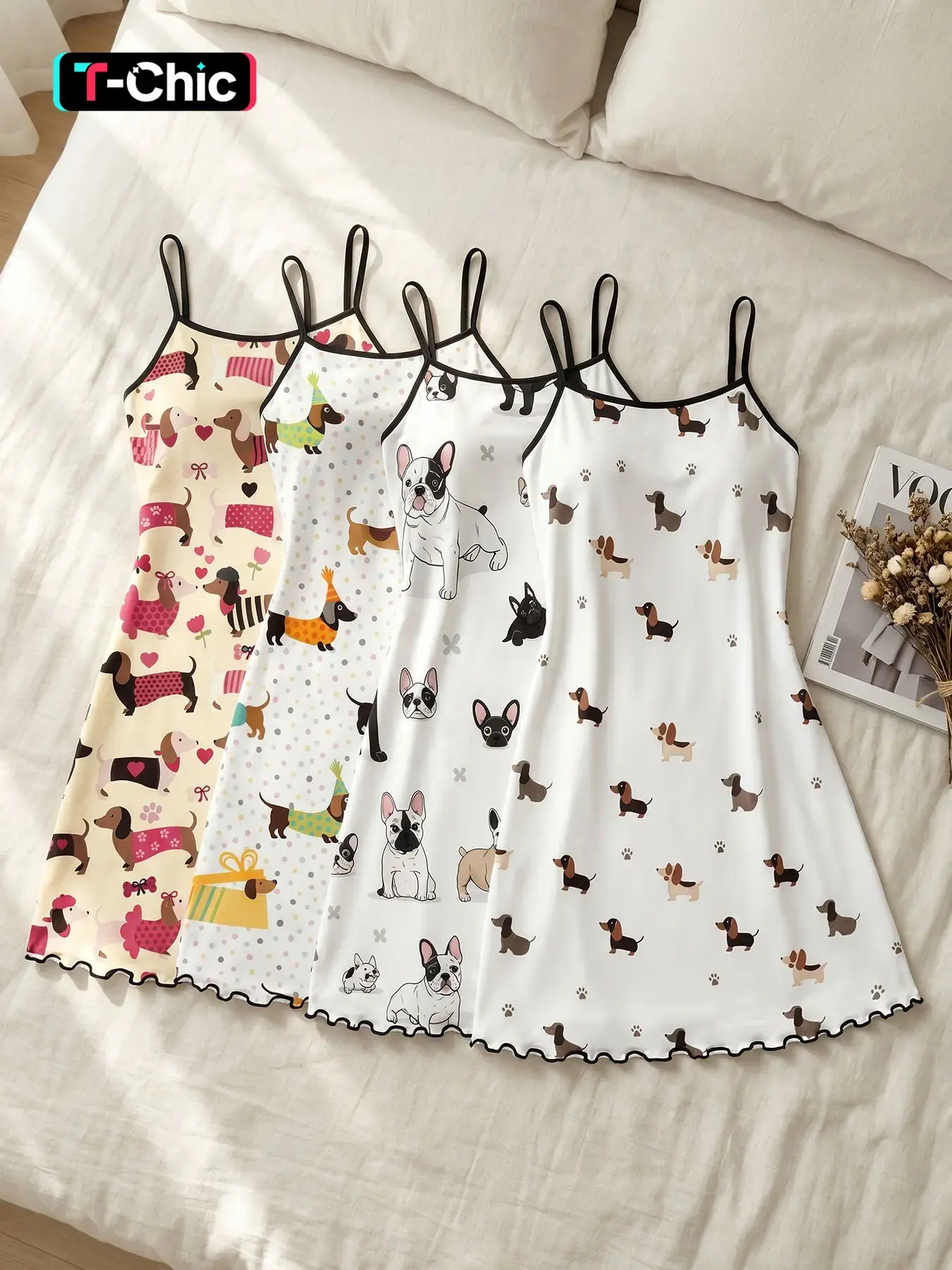 Women's 4 Pack Sleeveless Spaghetti Strap Slip Nightgowns, Spring Summer Wear, Fashion Sleepwear, Playful Chic Dachshund Print Ruffle Hem, Lively Vibrant Style, Fun Casual Sleep Dress for Women