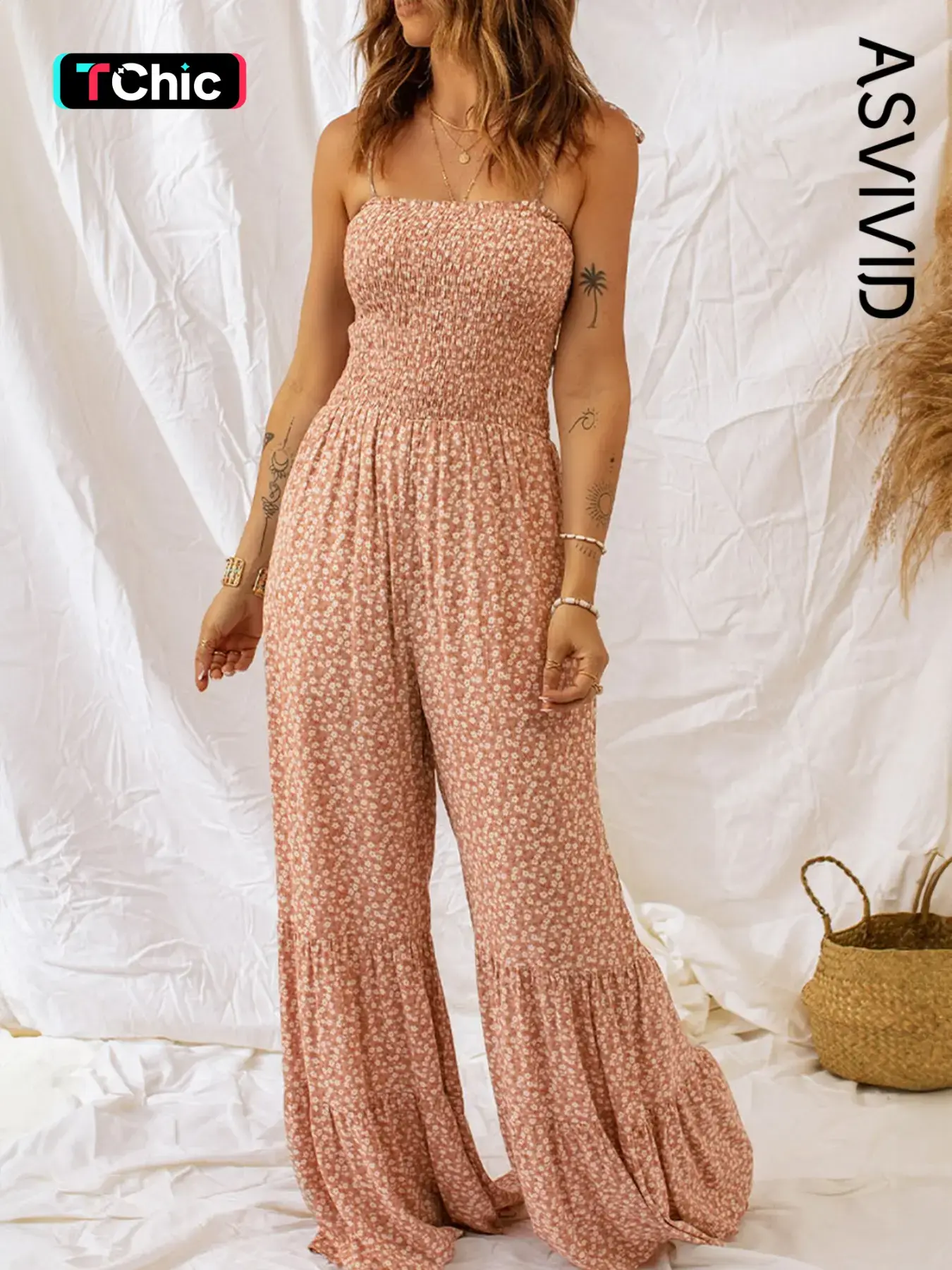 Women's Ditsy Floral Print Shirred Ruffle Hem Wide Leg Spaghetti Strap Cami Lightweight Jumpsuit, Boho Tie Shoulder Sleeveless Jumpsuit for Beach Holiday Vacation, Ladies Summer Clothes