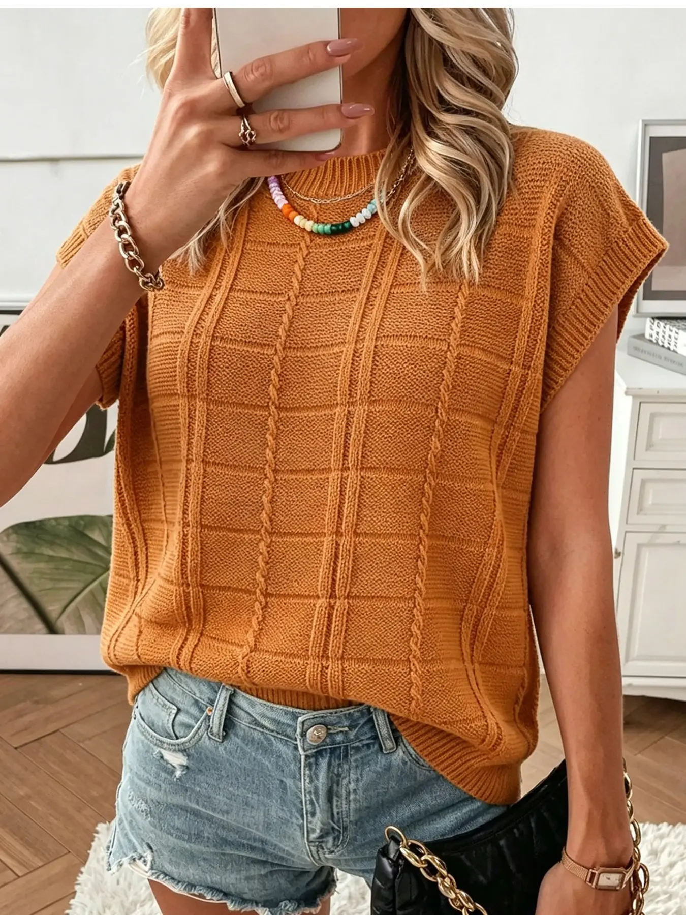 Women's Plaid Casual Oversized Knit Loose Vest Top, Comfortable Round Neck Design for Various Occasions, Stylish Spring Holiday