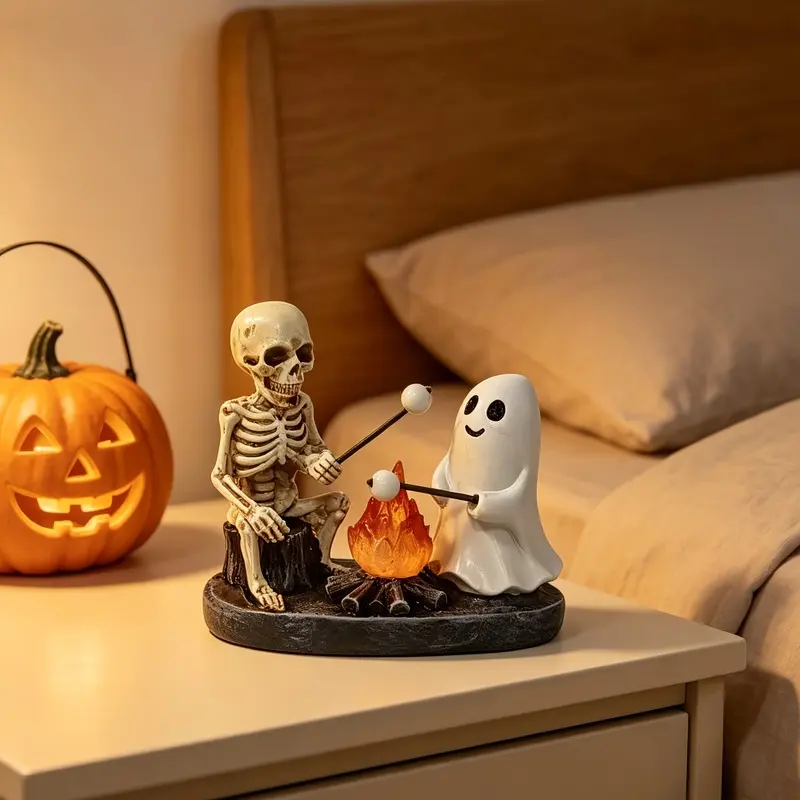 1pcs skeleton ghost baked marshmallow resin ornaments around the bonfire, decorative ornaments in the porch fireplace of the living room at home, which set off a rich retro dark atmosphere of Halloween, and displayed decorations on the table top.
