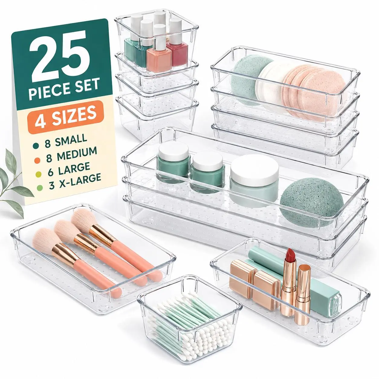 Clear Drawer Organizer Set 8 or 25 Pack Stackable Storage Trays in 4 Mixed Sizes with Non-Slip Dotted Base for Makeup, Vanity, Bathroom, Kitchen, Office Desk, Jewelry, Utensils, Cosmetics and Small Accessories for Home Storage Use