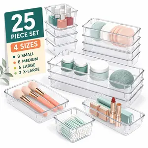 Clear Drawer Organizer Set 8 or 25 Pack Stackable Storage Trays in 4 Mixed Sizes with Non-Slip Dotted Base for Makeup, Vanity, Bathroom, Kitchen, Office Desk, Jewelry, Utensils, Cosmetics and Small Accessories for Home Storage Use