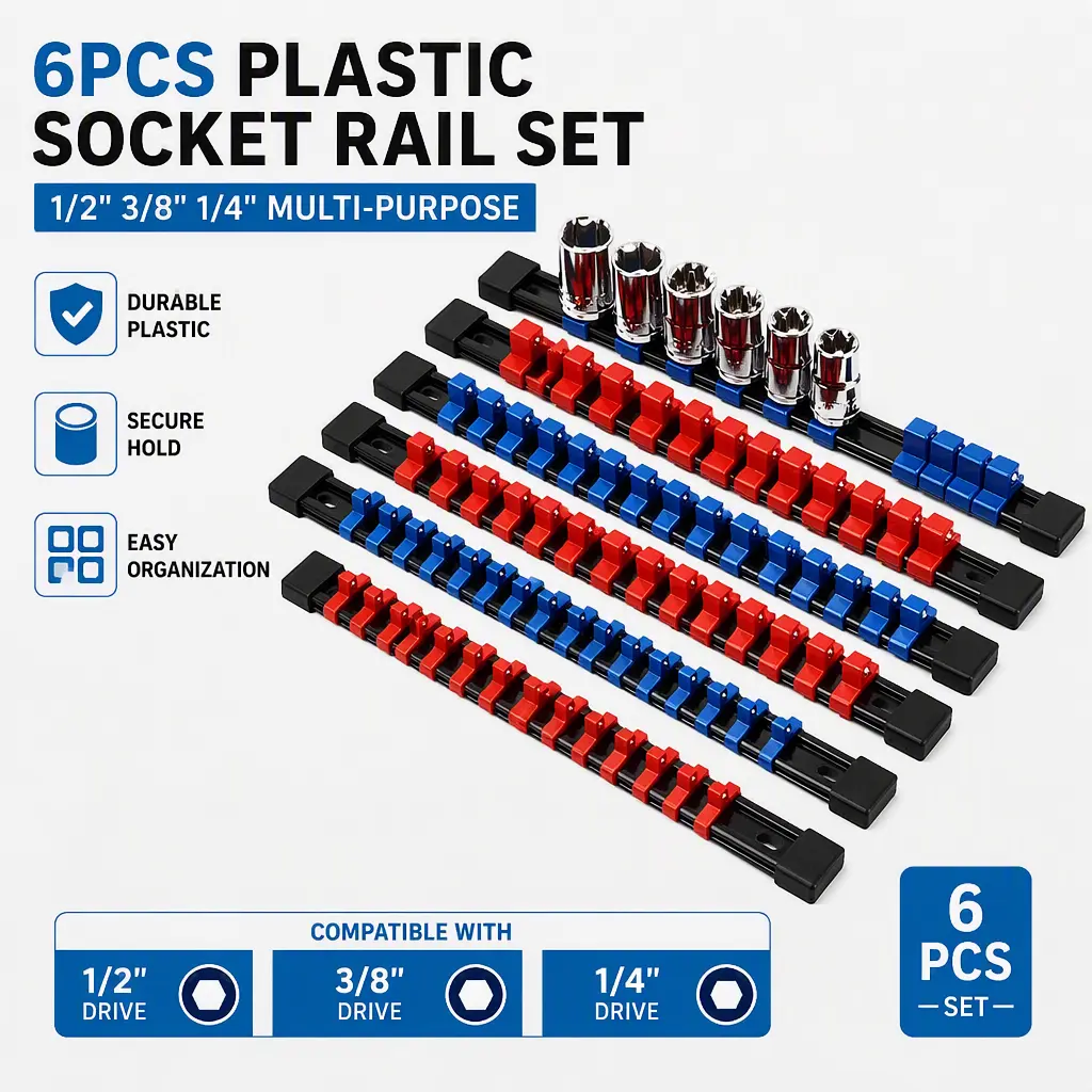 Plastic Socket Holder Organizer, 1/4" 3/8" 1/2" Drive Socket Rail, Bit Storage Rack for Garage & Toolbox