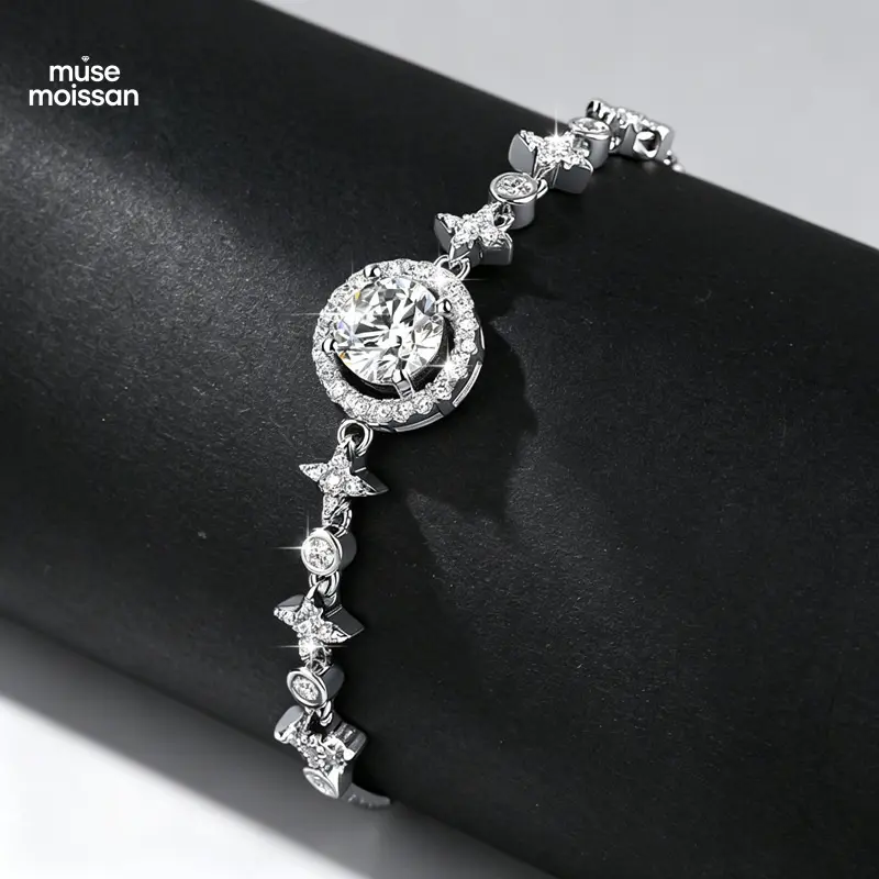 MUSE S925 Sterling Silver Moon & Star Bracelet Adjustable Sliding Bracelet with Moissanite or CZ for Women, Slides, Gemstone, Lab Created, Cubic Zirconia (Cz)