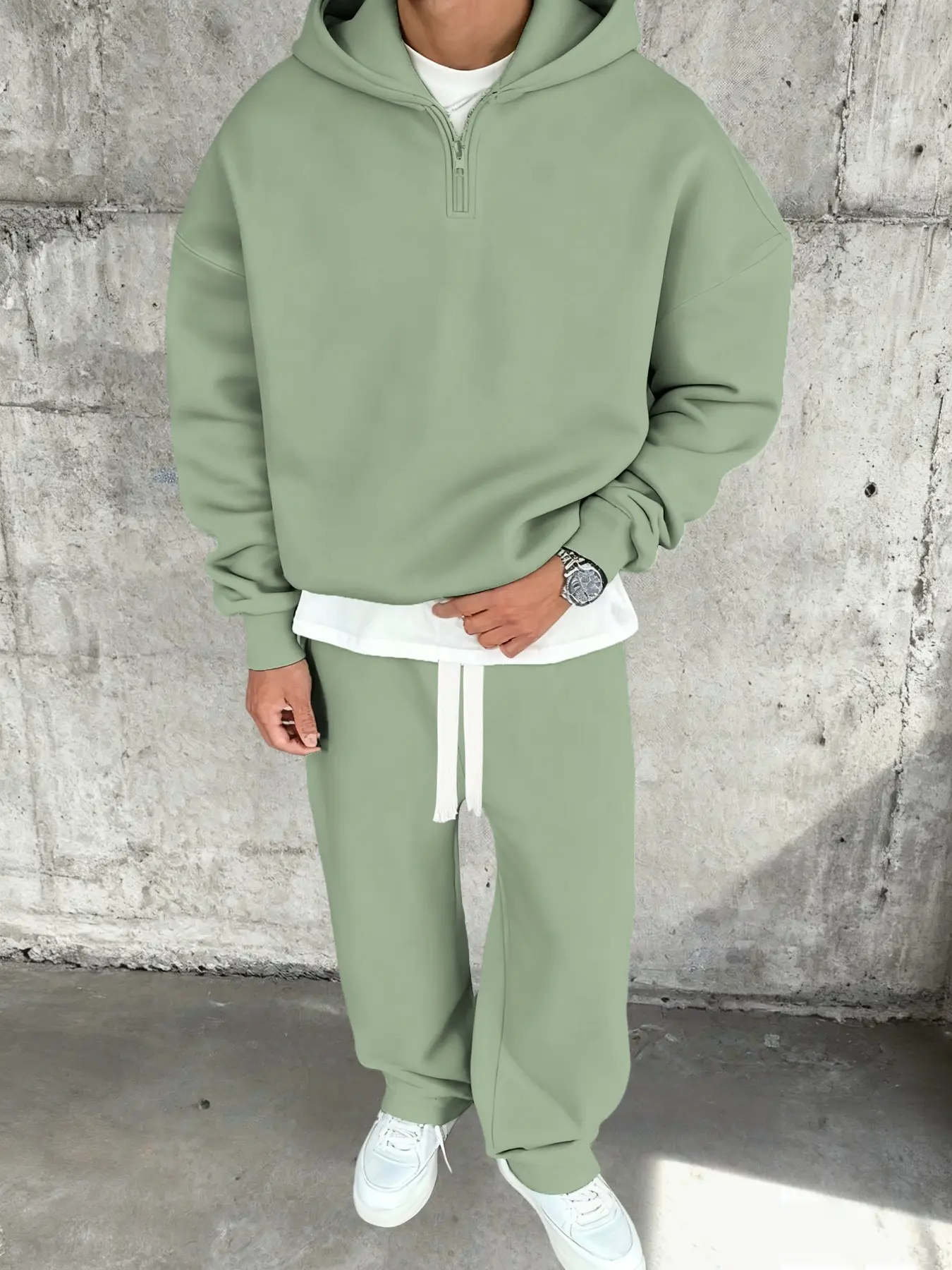 High Street Half-Zip Hoodie Set, Loose Fit Sporty Two-Piece, Streetwear Lazy Drop Waist Sweatpants, Casual Commute Fitness Trendy Set, Hooded Tracksuit Set