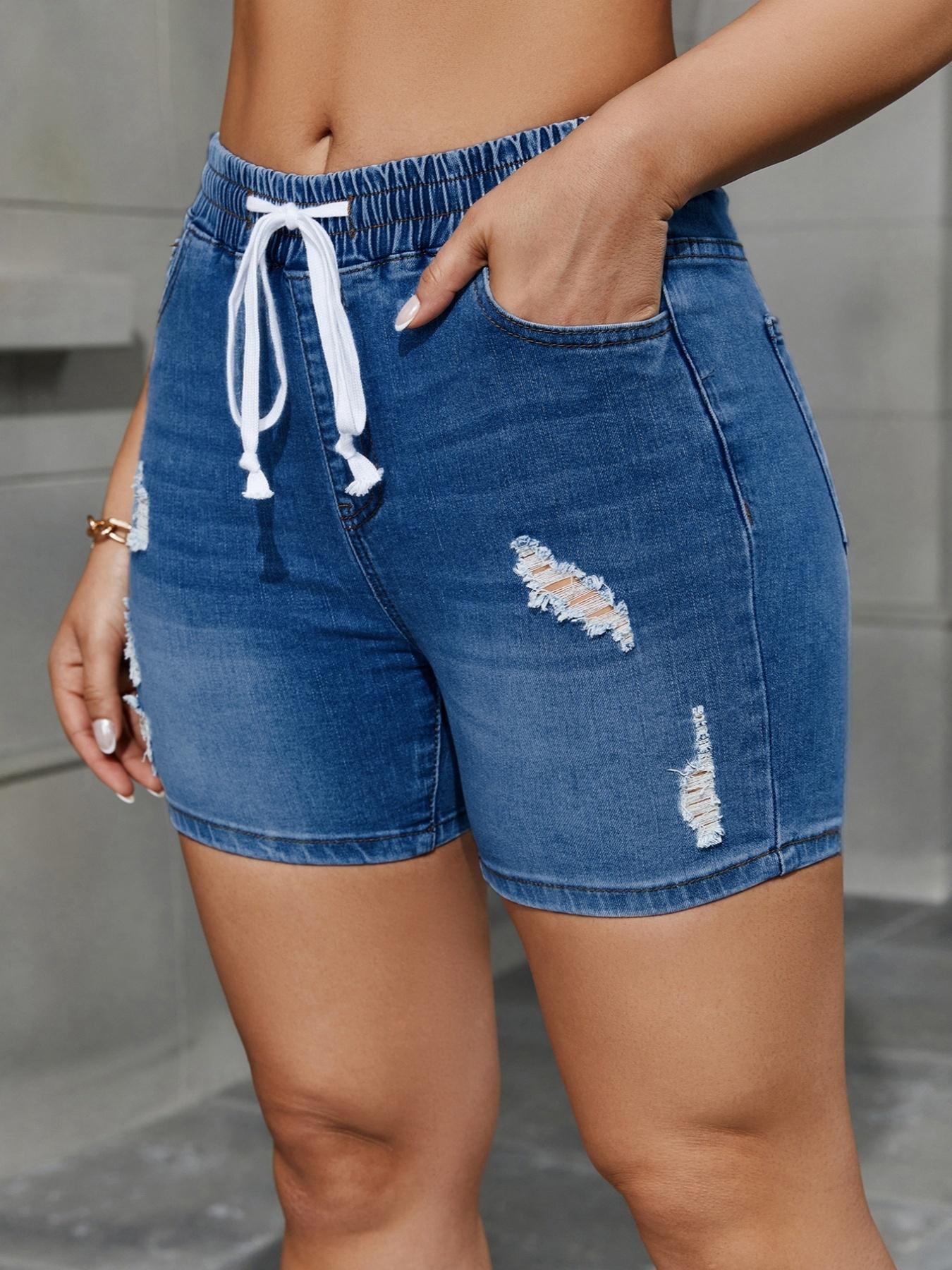 Women's Ripped Drawstring Waist Denim Shorts, High Waisted Stretchy Jean Shorts, Casual Fashion Pocket Jeans Shorts for Daily Everyday Wear, Summer Outfits 2024, Summer Clothes, Lady Summer Bottoms, Womenswear, Basic