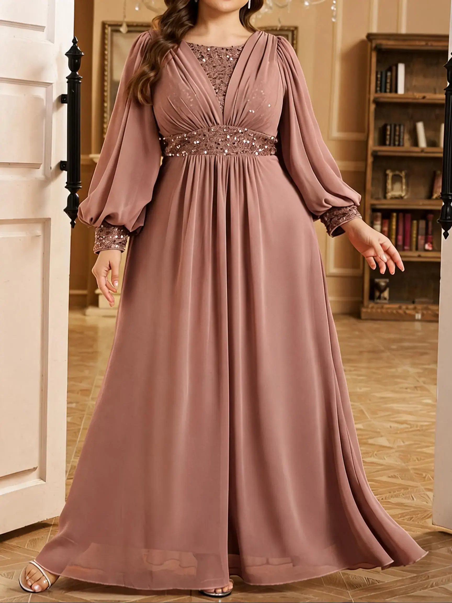 Elegant Round Neck Lantern Long Sleeve Woven Mermaid Dress, Ruched Front Beaded Sequins Waist Design, Perfect Formal Evening Gown for Special Occasions