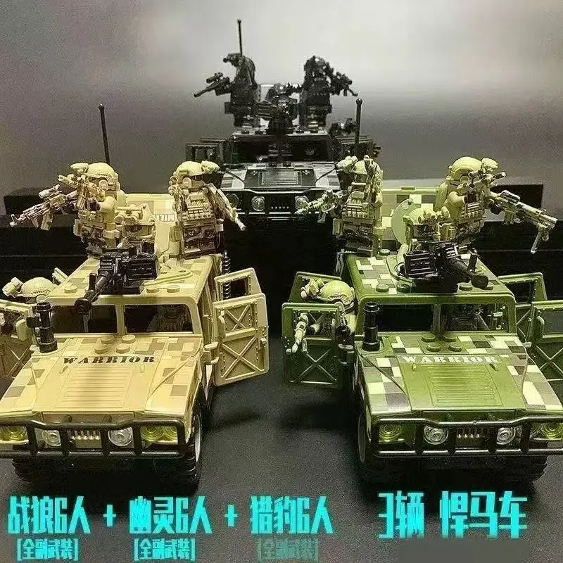 Military Tactical Jeep Building Block Set, Armored Off-Road Vehicle Model with Soldier Figures and Accessories, Compatible Brick Assembly Kit, Construction