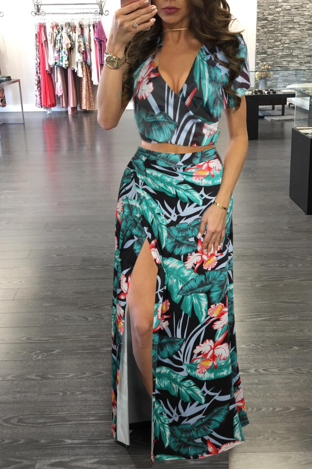 Women Floral Two Piece Maxi Dress Set Summer Vacation Outfits High Slit Long Skirt and V Neck Crop Top Sexy Beachwear Matching Set