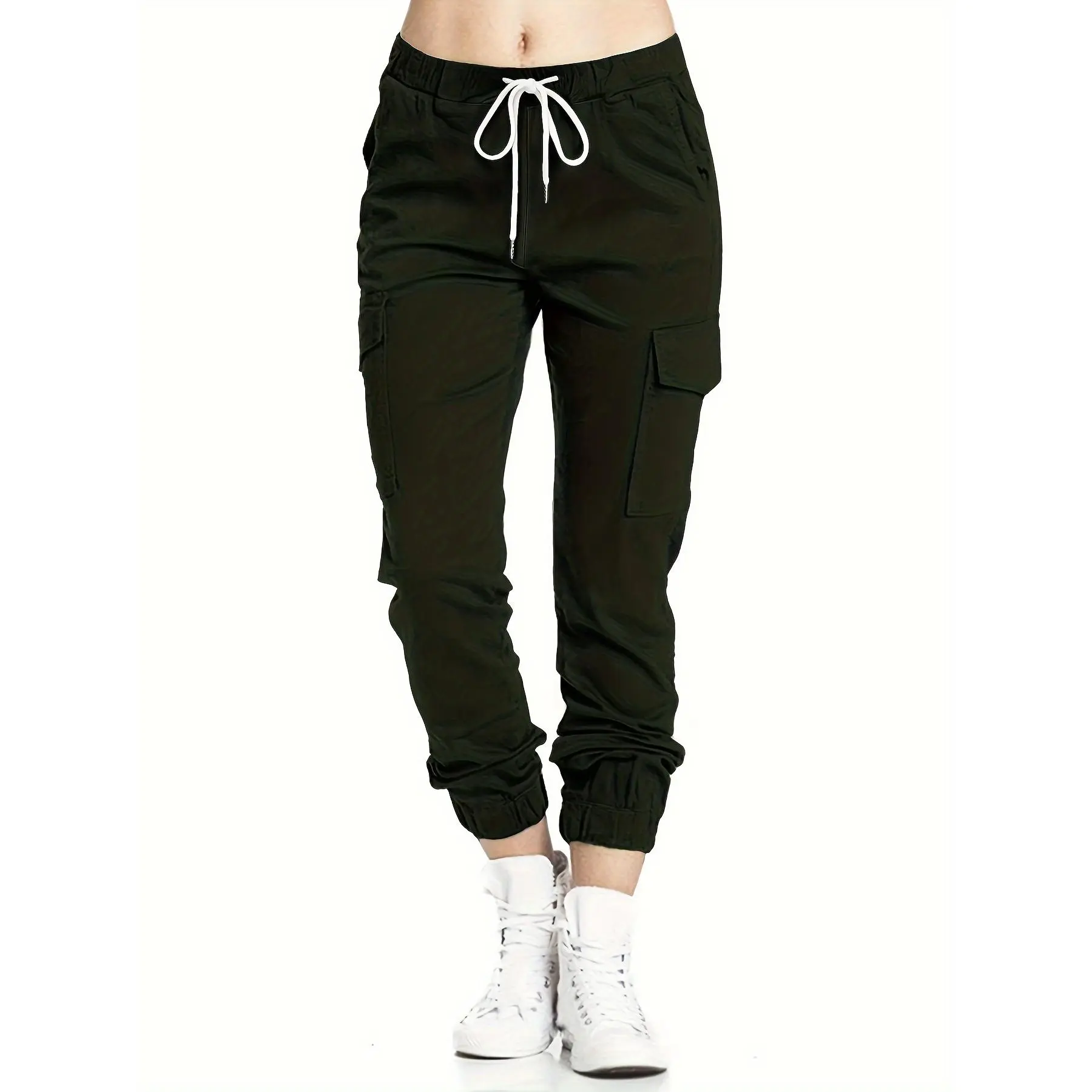 Women's Solid Elastic Waist Cinch Cargo Pants with Pockets - Long Activewear Bottoms for Street, Daily Outfits
