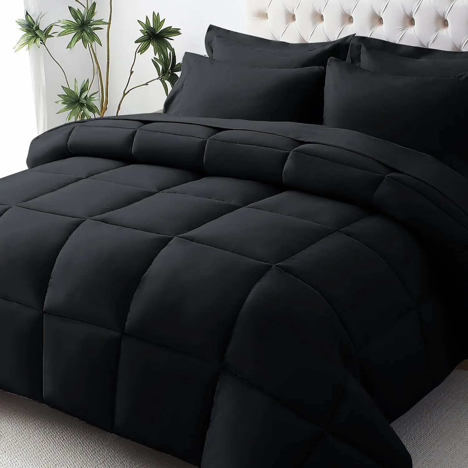 Full Comforter Set,-Soft Bed in a Bag Full Size 7 Pieces, Oeko-TEX Certified Bedding Set with Down Alternative Comforter, Sheets, Pillowcases & Shams, Black
