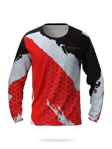 Men's Hexagon Honeycomb Patchwork Round Neck Long Sleeve Sport Top, Breathable Quick-Dry Fitness Tee, Cycling Running Gym Outdoor Training Wear