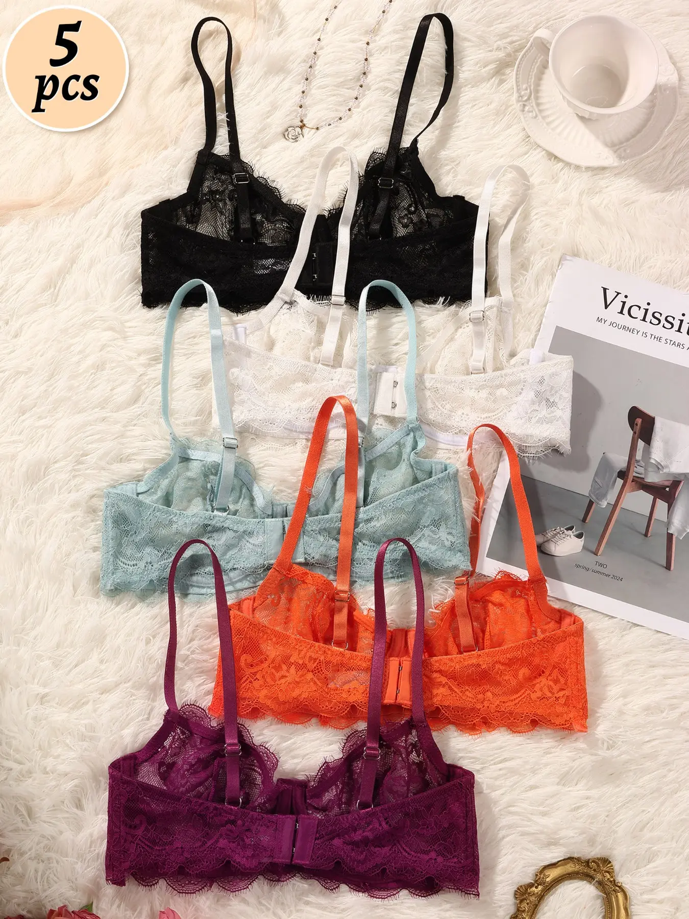 5 Pcs Colorful Lace Ruched Lingerie Bra Set, Adjustable Straps, Multi-Row Back Buckles, Breathable Semi-Sheer Underwear, Perfect for Dates & Daily Wear