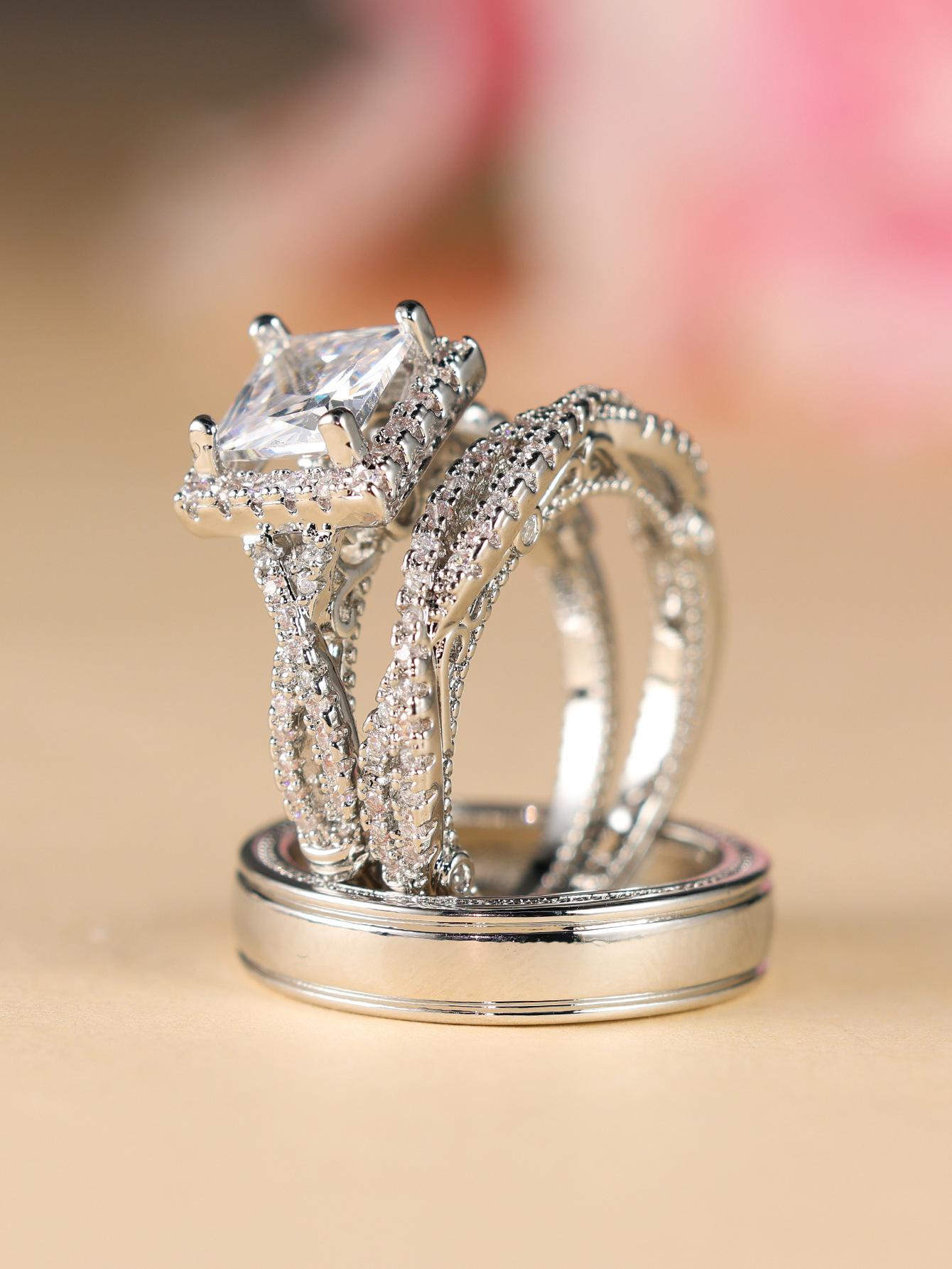 Luxury Princess Cut Cubic Zirconia Bridal Ring Set, 14K Two Tone Gold Plated Engagement Wedding Ring Set for Women, Vintage Halo CZ Wedding Band