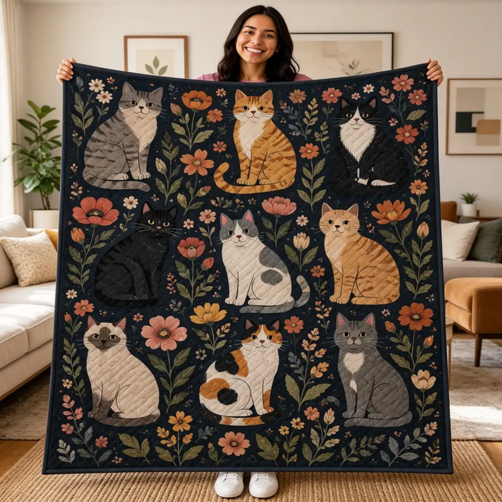 This pastoral-style floral cat quilted blanket, a bohemian-style cat-themed rug, is a cozy and comfortable gift for cat lovers. Perfect for decorating sofas/bedrooms with its super soft texture, it's an excellent gift for children, family, and friends.
