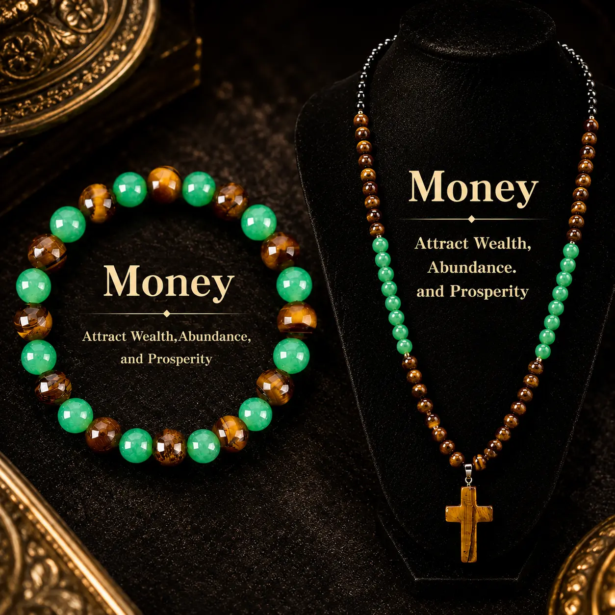 ARPURRAINA Spiritual Jewelry Set for Adults, 8mm Beaded Tiger Eye & Green Aventurine Cross Necklace and Money Bracelet for Manifestation Money Attraction Necklace summerwins