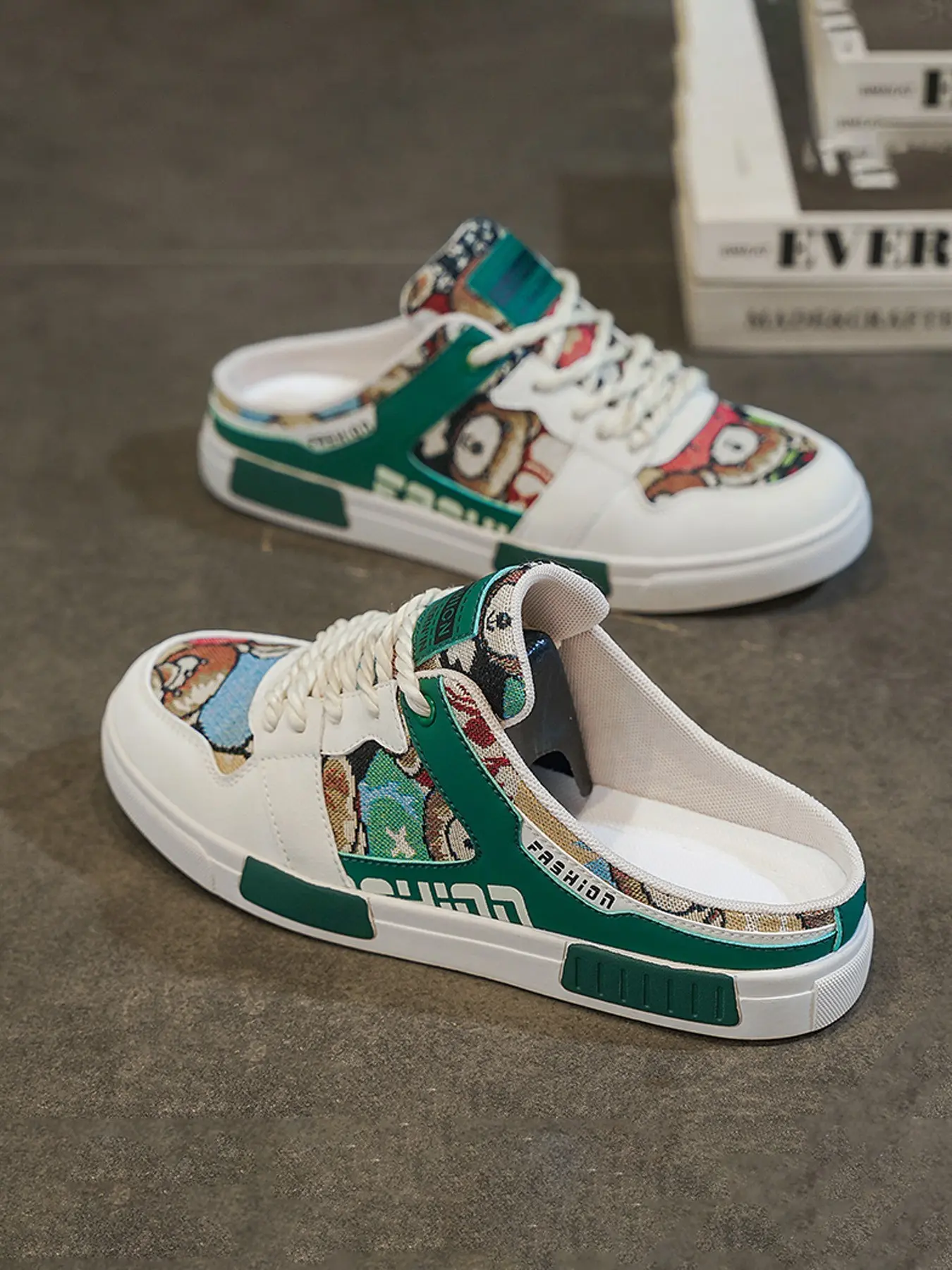 Men Cartoon Graffiti Print Backless Mule Sneakers Lace Up Platform Half Slide Skate Shoes Fashion Color Block Casual Street Slippers For Summer Daily Wear Platform Mules