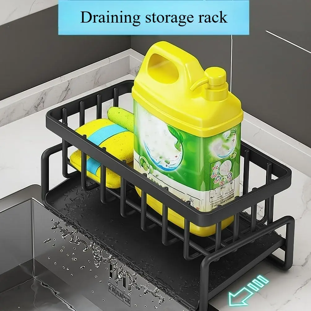 Decorative kitchen sink drain rack, multi-functional storage rack, hanging design with  sponge holder and dish brush holder - space-saving, sturdy carbon steel material, upper and lower compartments, compatible with dish racks, easy to clean.