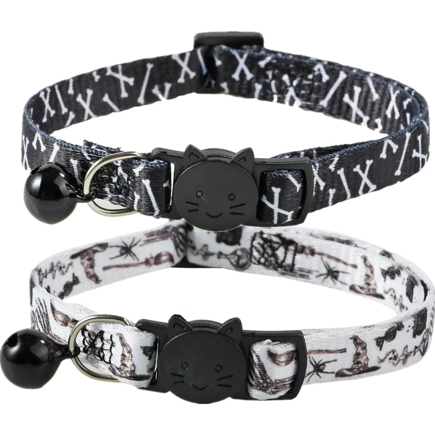 Skull Cat Collar with Bell & Fabric Strap - 2-Pack Breakaway Kitten Collar for Halloween (New Model)