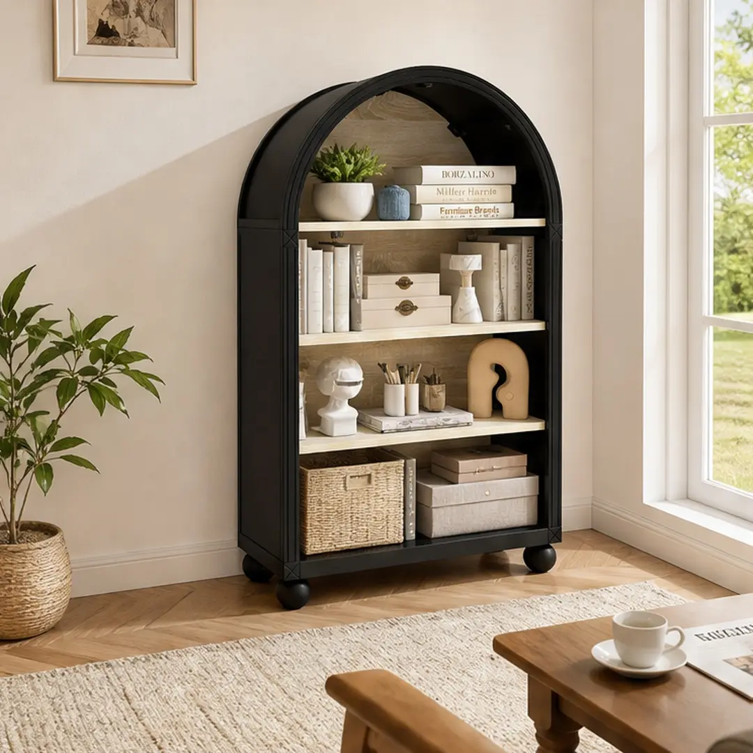 ARCH Arched 4-Tier Storage Cabinet with Carved Edges, MDF Bookcase with Black Metal Frame & Hand-Painted Finish, Freestanding Display Shelf for Living Room, Study, or Office, 70.5*30*116 cm, Black, Black Color Options, MDF Material