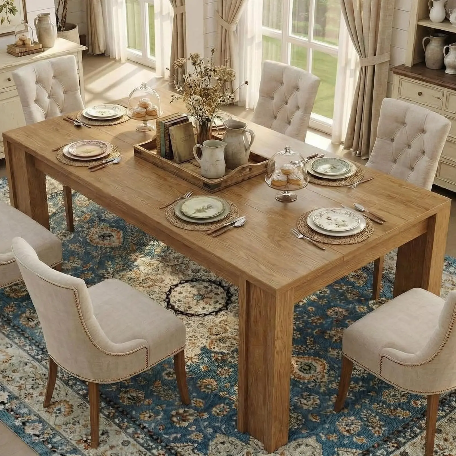 71" Farmhouse Dining Table for 6-8, Rectangular Wood Kitchen Dining Room Table with Sturdy 5.9" Wide h-Legs, Sturdy Wood Strip Frame, Dining Room Table for Dinner, Apartment, Kitchen,dorm essentials,home decor