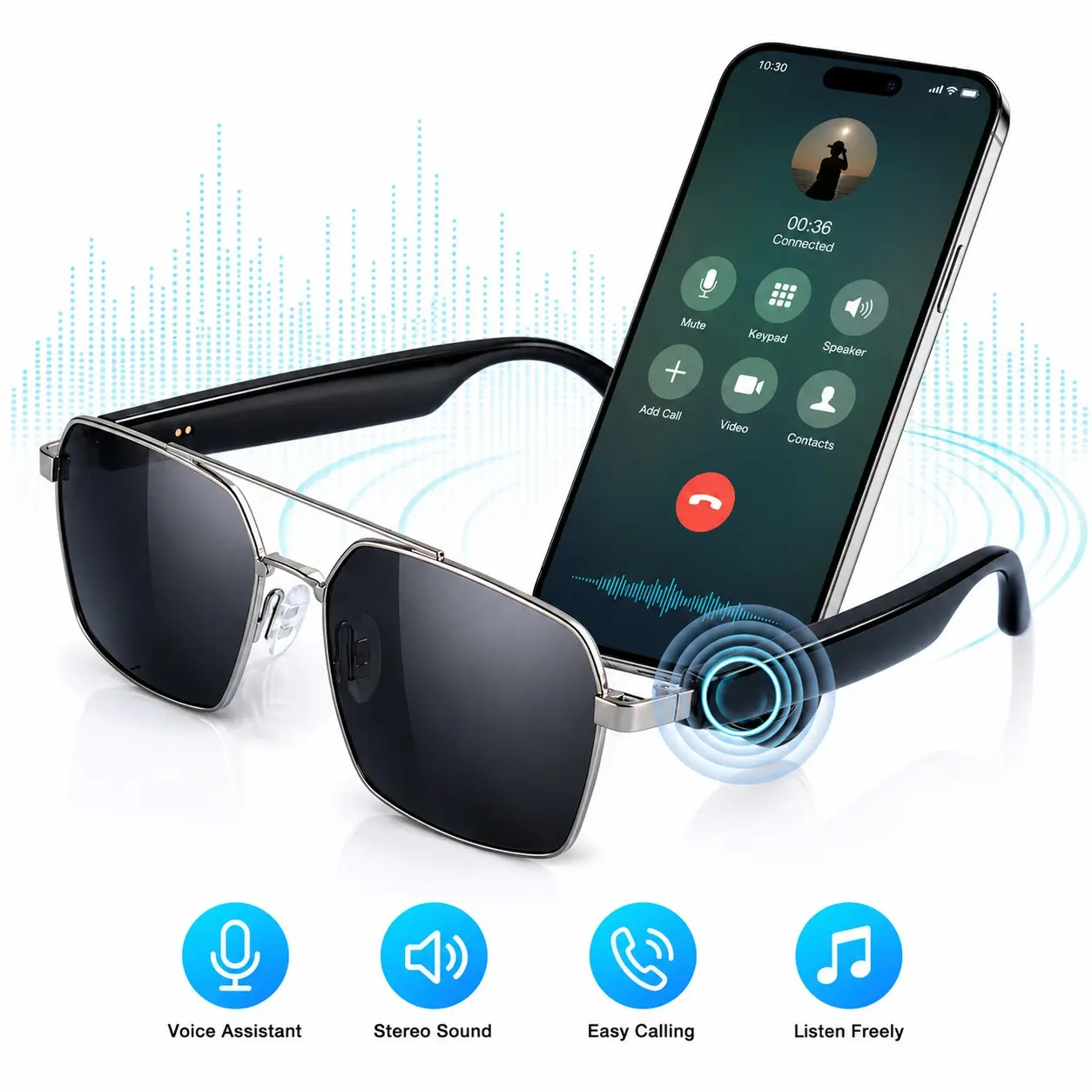 Smart Bluetooth Wireless Glasses with Mic and Speakers, Open-Ear Listening, Touch Control, Voice Control, Music Playback, UV400 Glasses for Driving Cycling Running Travel