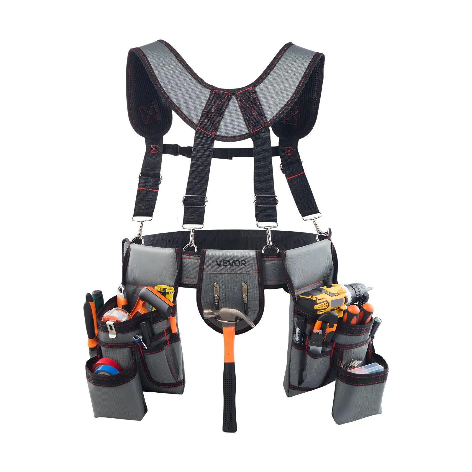 VEVOR GH003 Heavy Duty Polyester Tool Belt with Suspenders & Buckle, 22-Pocket Tool Pouch (2.31 lbs, 31.89-68.11 in Waist Adjust, 67.40x30.71x2.76 inches) - Organized Construction Work Apron for Carpenters, Work Accessories, Adjustable Waist