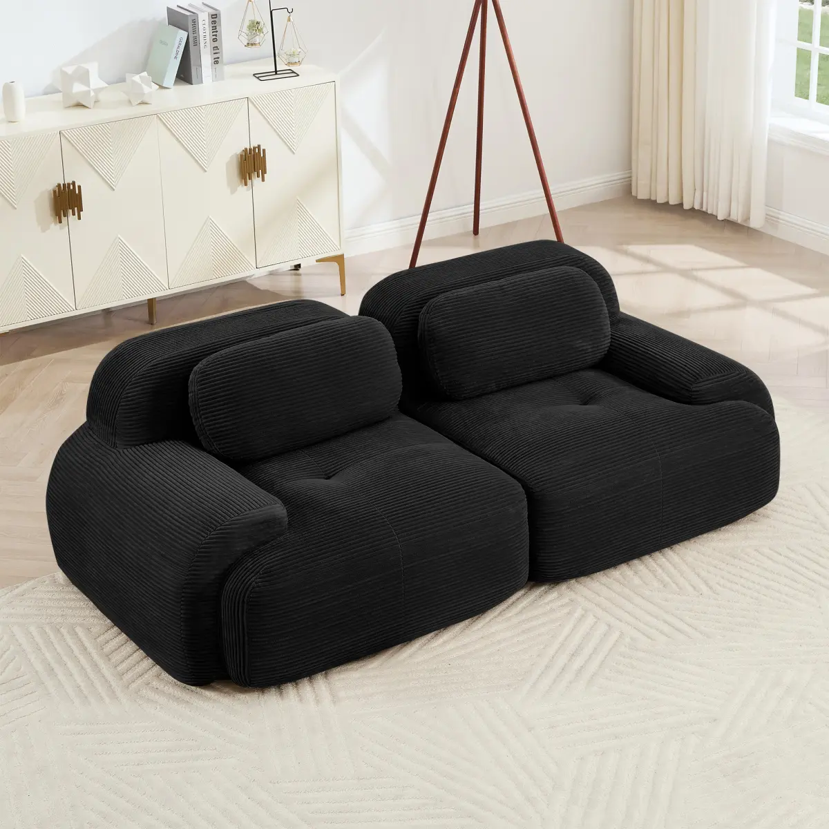 Aobtkel82'' loveseat sofa in luxuryCorduroy Fabric modular for free combo separation curved armrests ,anti-slip design high-resilience sponge fits living rooms bedrooms Audiovisual Room, Black   WL