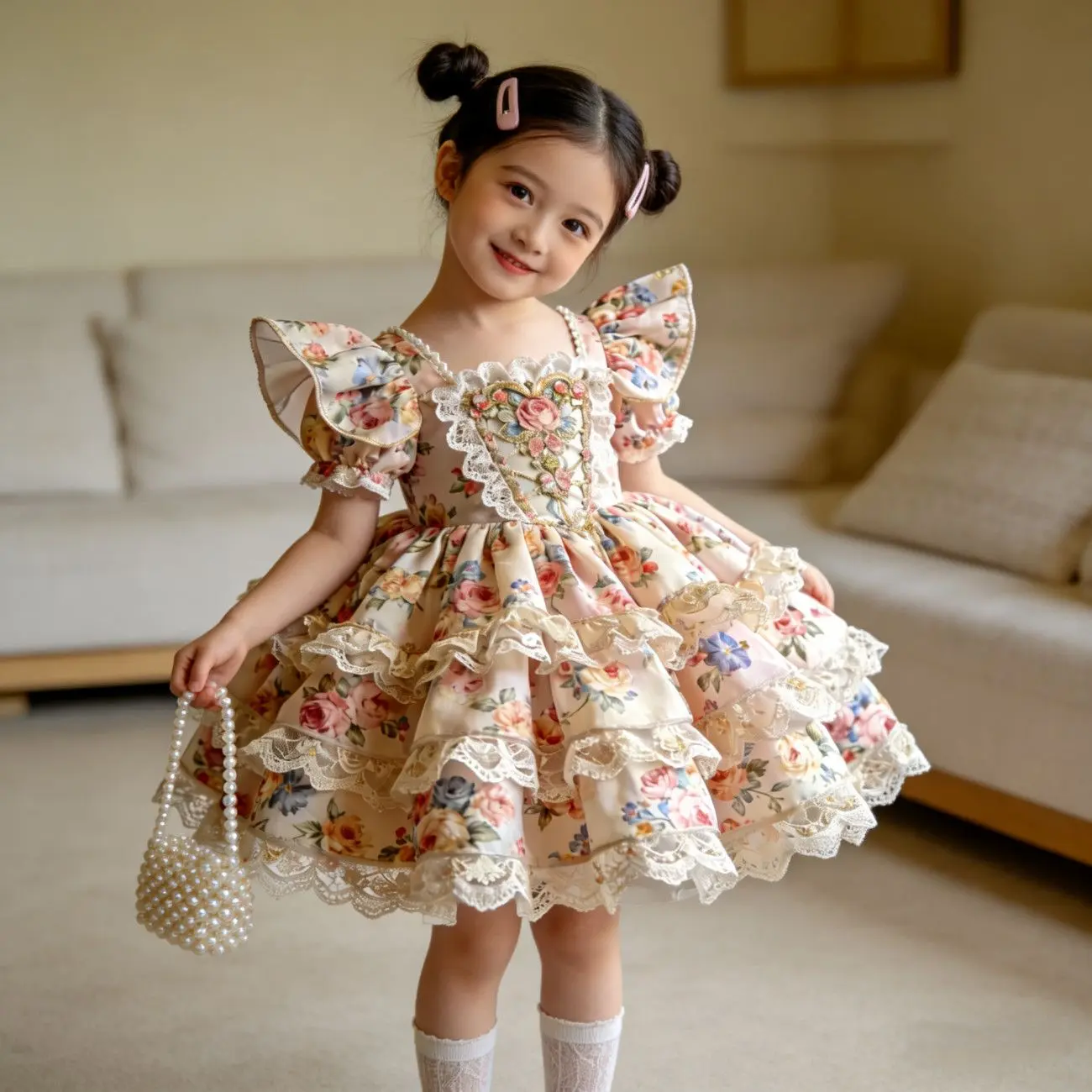 Little Girl Cottagecore Dress, Floral Print Toddler Outfit with Square Neck, Puff Sleeves, and Tiered Lace, Light & Airy Midi Wear, Birthday Dress, Toddler Dresses, Short Sleeve Tops Toddler Party Dress Spring Toddler Dress
