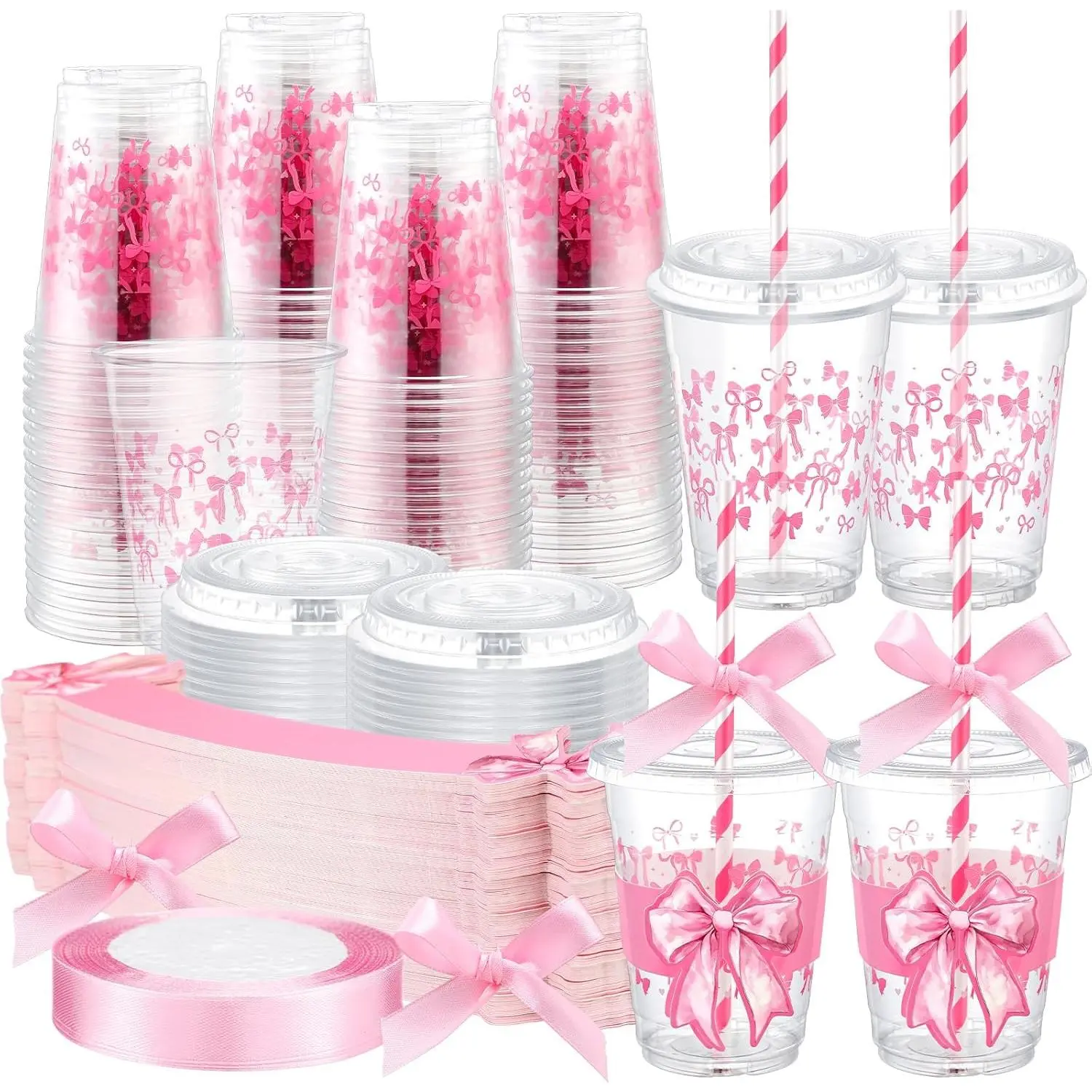60 Pcs Pink Bow Plastic Cups Set 12oz Cute Bows Drinking Cup with Lids and Straws Coquette Party Decorations Disposable Cups with Sleeves Ribbon for Birthday Wedding Party Supplies(Pink Bow),Personalized