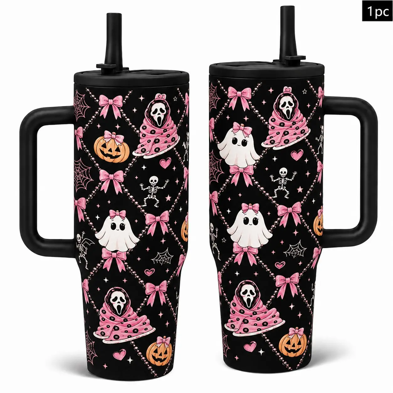 1PC 40oz Pink Coquette Ghost Screaming Horror Mask Bow Pattern Insulated Tumbler with Handle & Straw, Double Wall Leakproof Vacuum Flask Travel Mug, Hot 12H Cold 24H, Large Capacity Cup for Men Women, Halloween Birthday Gift