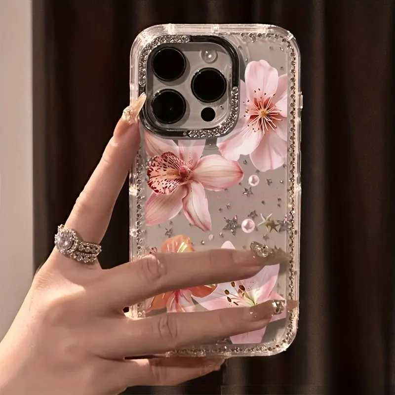 Aesthetic Clear Soft TPU Sparkly Rhinestone Border Pink Orchid Lily Floral Shockproof Protective Case for Phone 11 12 13 14 15 16 17 Air Pro Max, Glitter Star Pearl Print Full Lens Anti-drop Phone Cover Luxury Gift For Women Girls
