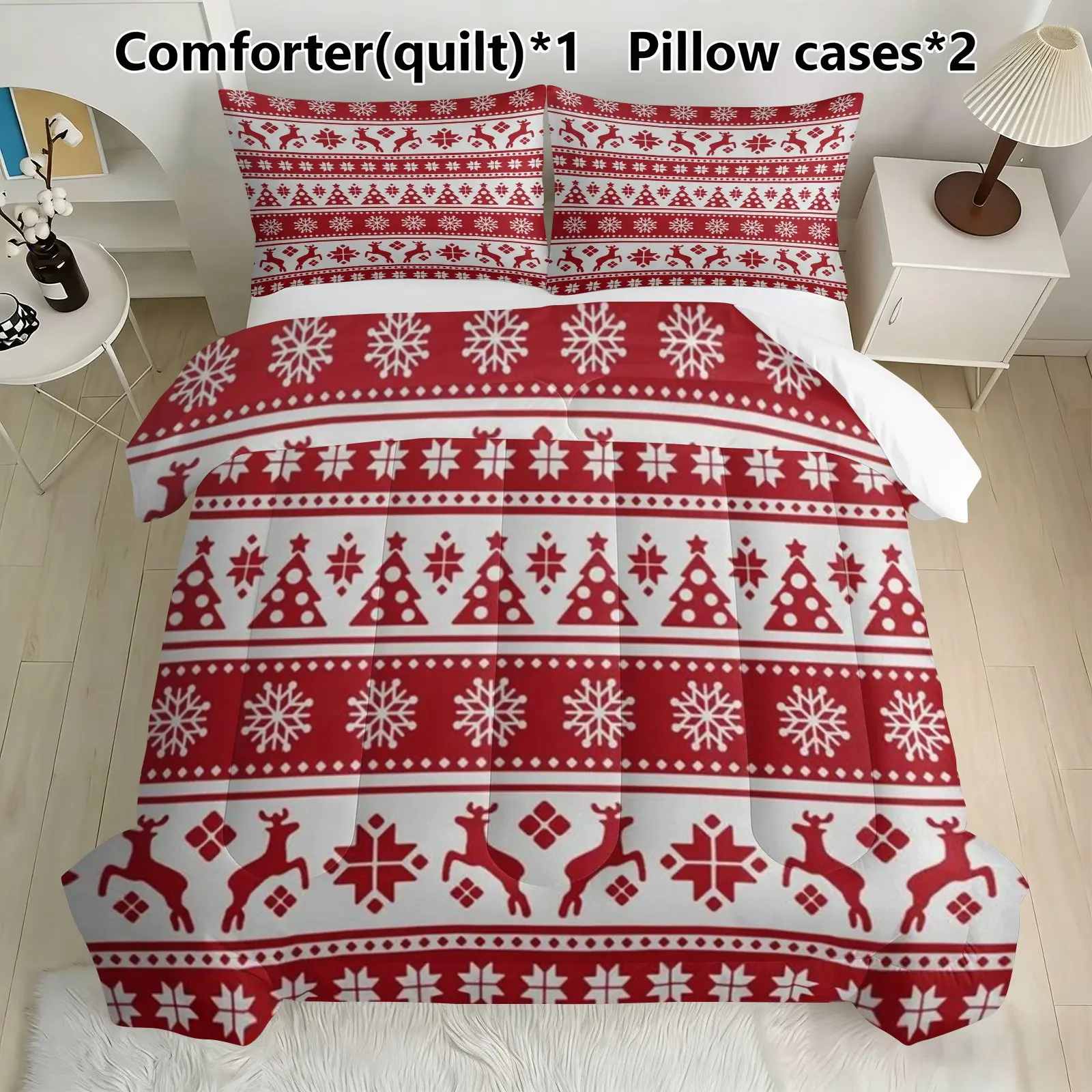 3-Piece Retro Christmas Quilt Set, Reindeer Pattern, Soft Warm Bedding, Holiday Gift Decor, No Pillow Inserts
