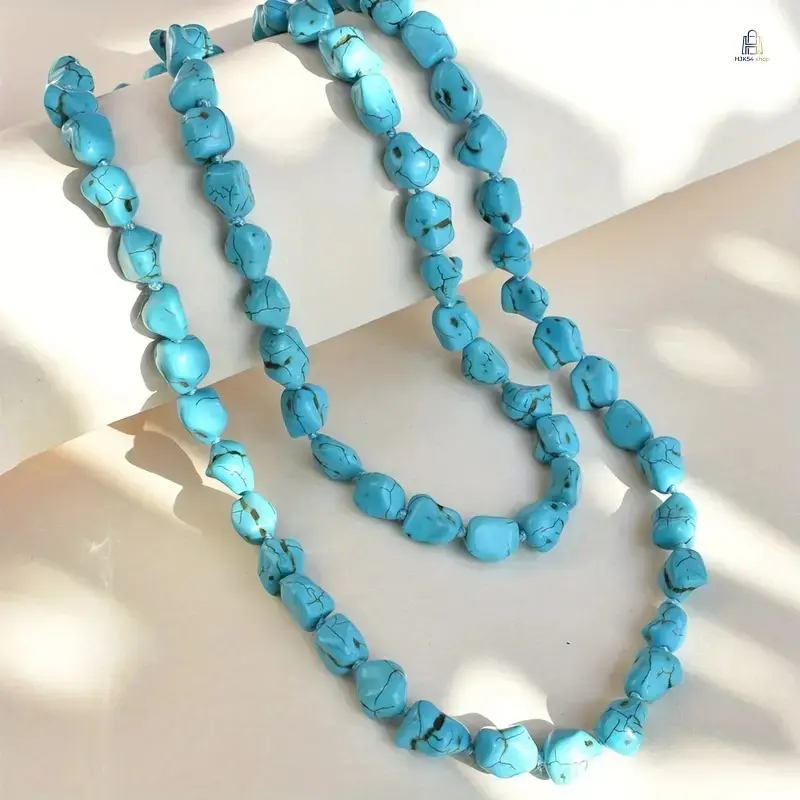 120cm Irregular Turquoise Beaded Long Necklace With Hand Knotted Structure, Ethnic Style Handmade Decorative Neck Accessory For Women Daily Outfit Matching, Usable As Casual Holiday Small Gift