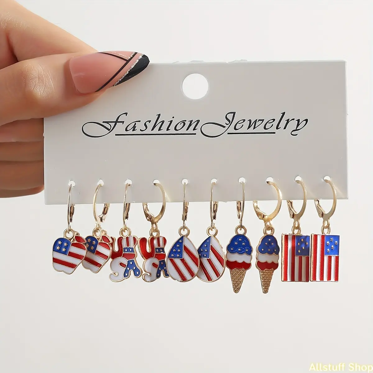1 Set Of Five Pairs Of Creative Red, Blue And White Striped American Independence Day Earrings, Personalized Flag Earrings