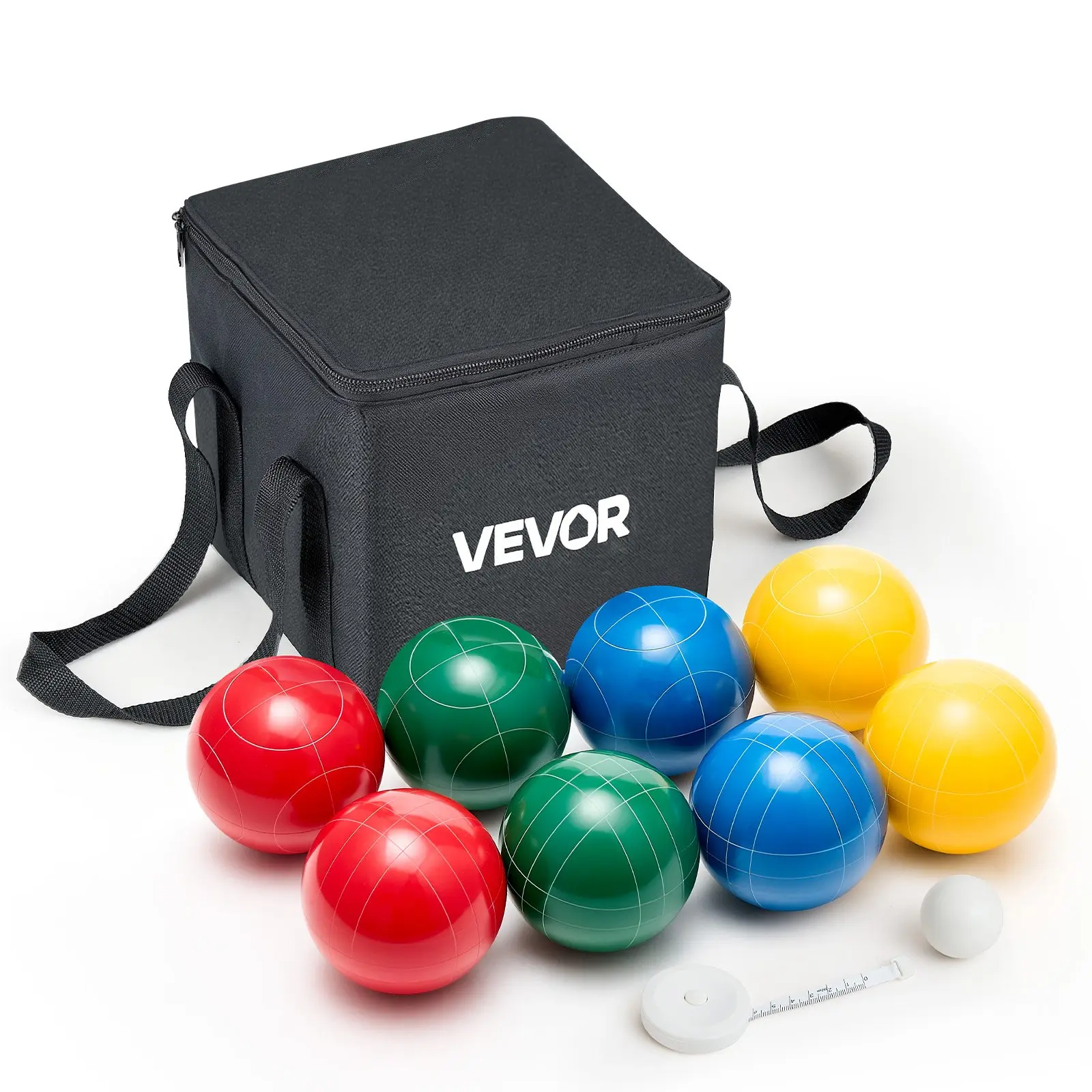 VEVOR Bocce Ball Set, 90 mm, with 8 Resin Balls, Pallino, Carrying Bag and Measuring Rope, Red/Green/Blue/Yellow 4 Colors, for 2 to 8 Players, Bocce Ball Game Set for Beach, Lawn, Family Backyard