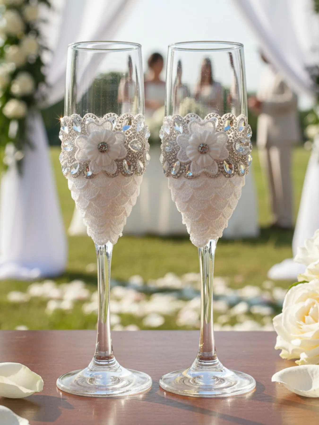 3D Crystal Fabric Flower Champagne Glasses Set of 2, Handmade Fish Scale Lace with Rhinestone Detail, Bride & Groom Toasting Flutes, Reusable Wedding Decor for Engagement, Anniversary, Valentine's, Halloween, Christmas Events & Photo Props.