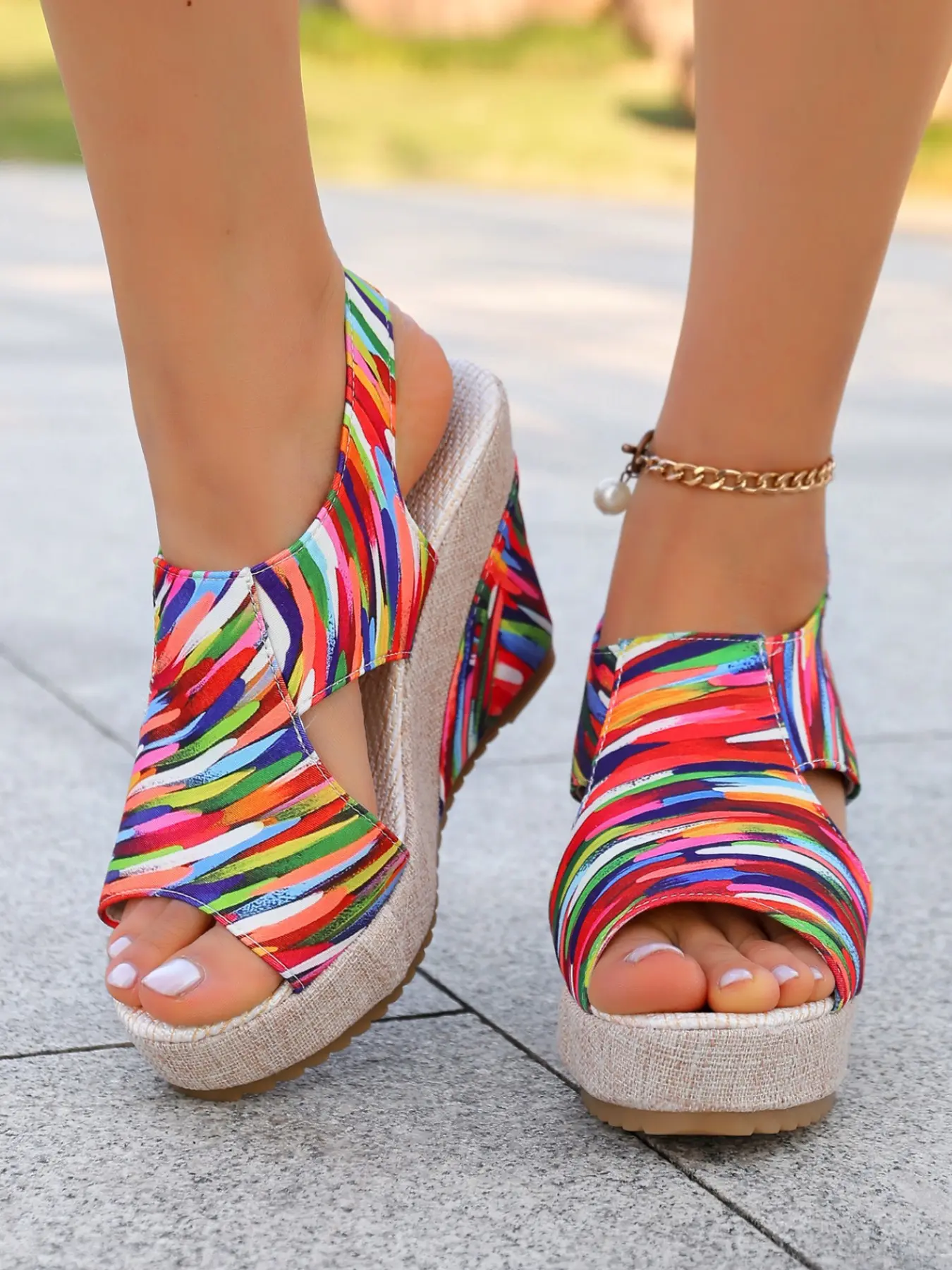 Women Rainbow Colorful Print Wedge Sandals, Adjustable Ankle Strap, Platform Open Toe, Summer Beach Shoes, Comfortable & Stylish