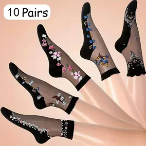 Vibrant Floral Patterned Glass Socks - 5/10 Pairs of Soft, Breathable Mid Tube Socks for Women - Comfortable Casual Attire, Work, or Special Occasions