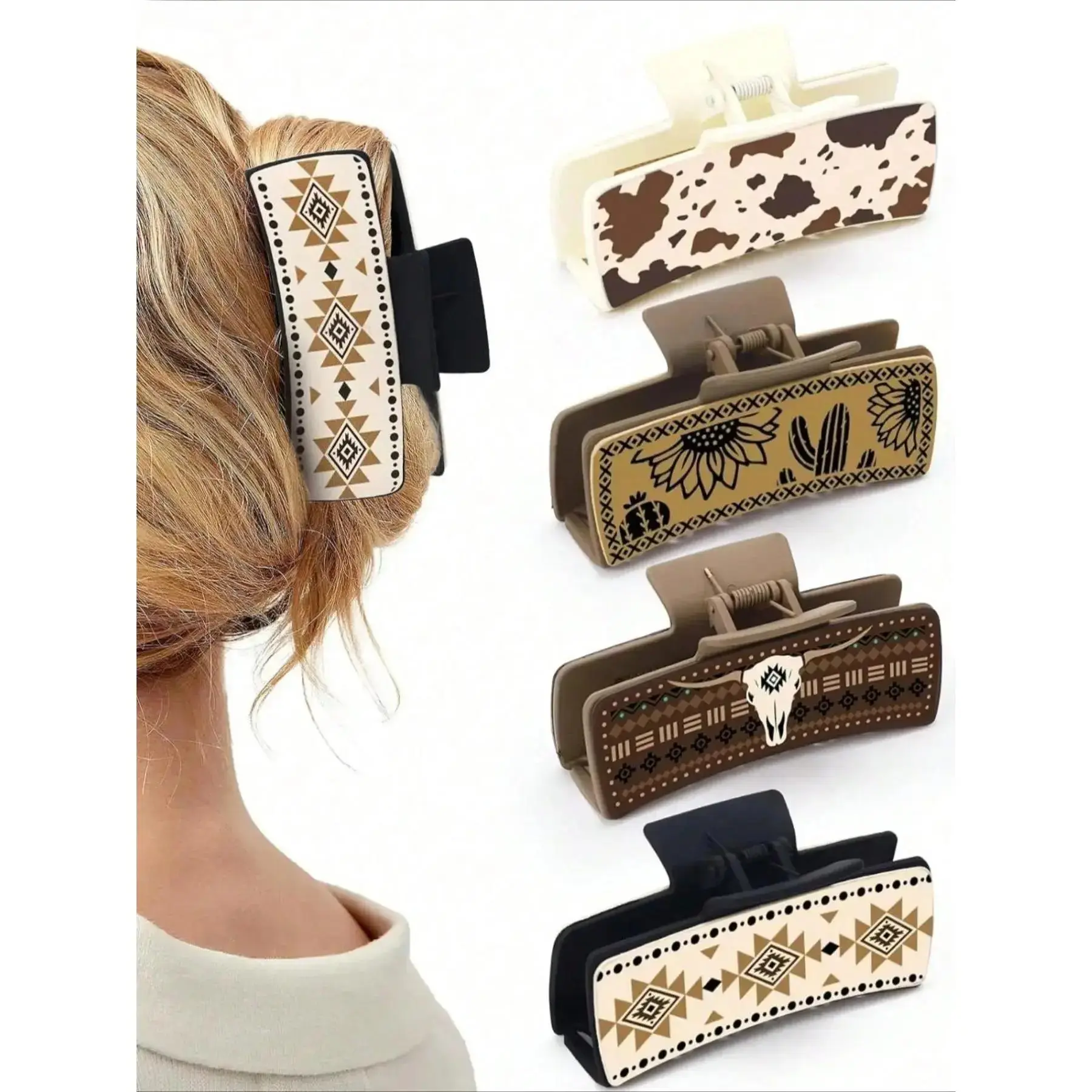 Western Cowboy Vintage Pattern Large Hair Claw Clip Set for Women Girls, Strong Hold Thick Hair Accessories Minimalist Fashion Headwear, Sturdy Grip Hair Claws for Daily Everyday Styling Western Outfits Parties Casual Travel Hairstyling