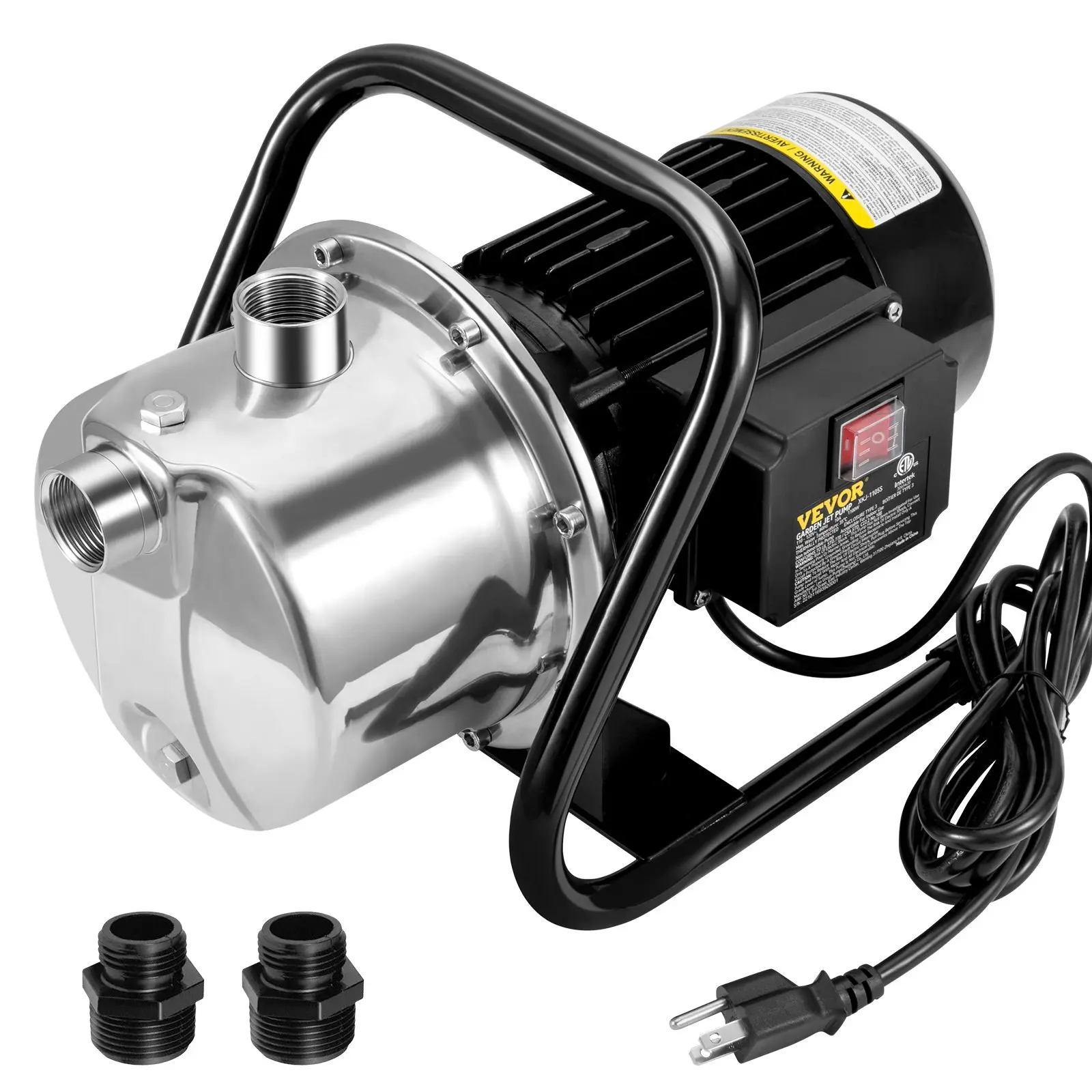 VEVOR 1.1 HP Motor Shallow Well Pump, 115V, 978 GPH, 131 ft Height, 40psi Max Pressure, Portable Stainless Steel Sprinkler Booster Jet Pump with Hose Adaptors, IPX4 Rated, NPT Threads for Irrigation Backyard, Garden Lawn